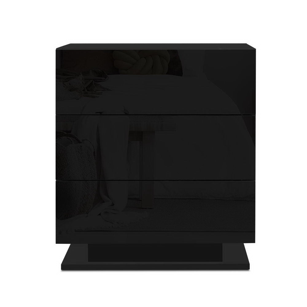 2x Bedside Table LED 3 Drawers - MORI Black