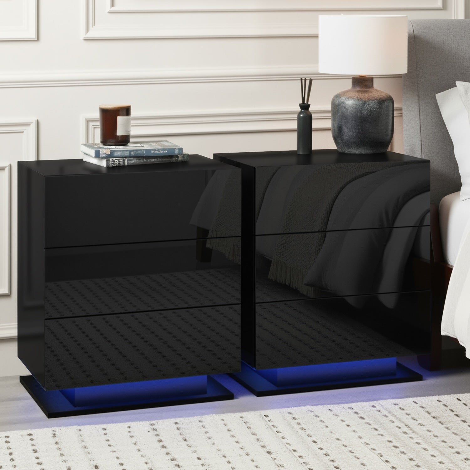2x Bedside Table LED 3 Drawers - MORI Black