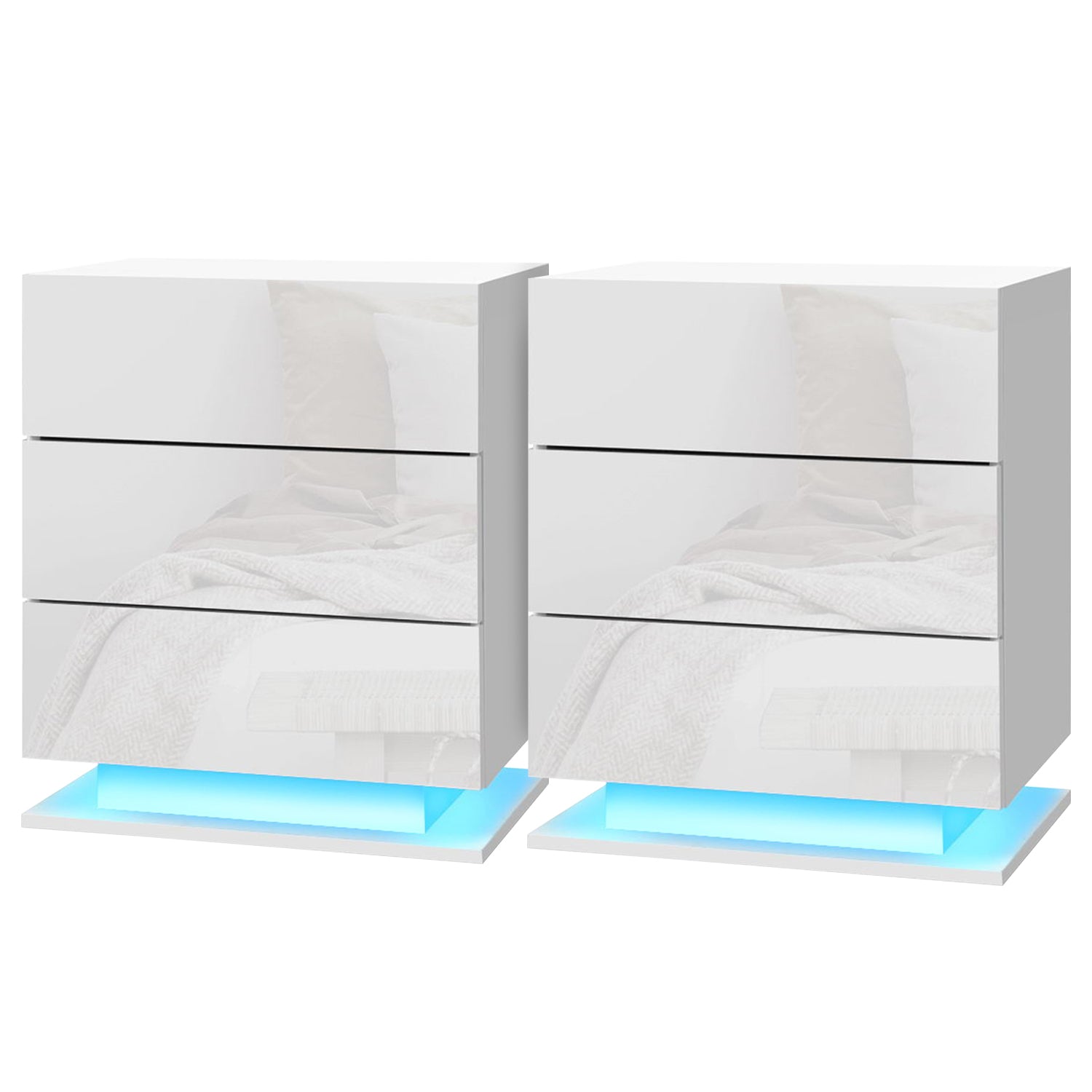 2x Bedside Table LED 3 Drawers - MORI White