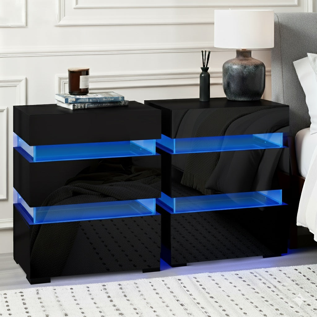 2x Bedside Table LED 3 Drawers - LUMI Black
