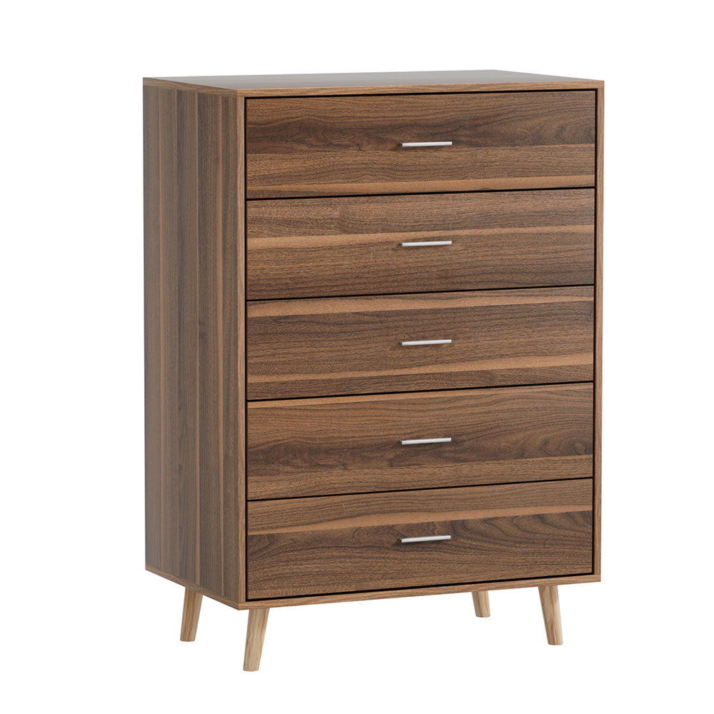 5 Chest of Drawers - MIRI Walnut with five spacious drawers, sleek handles, and angled wooden legs for bedroom storage