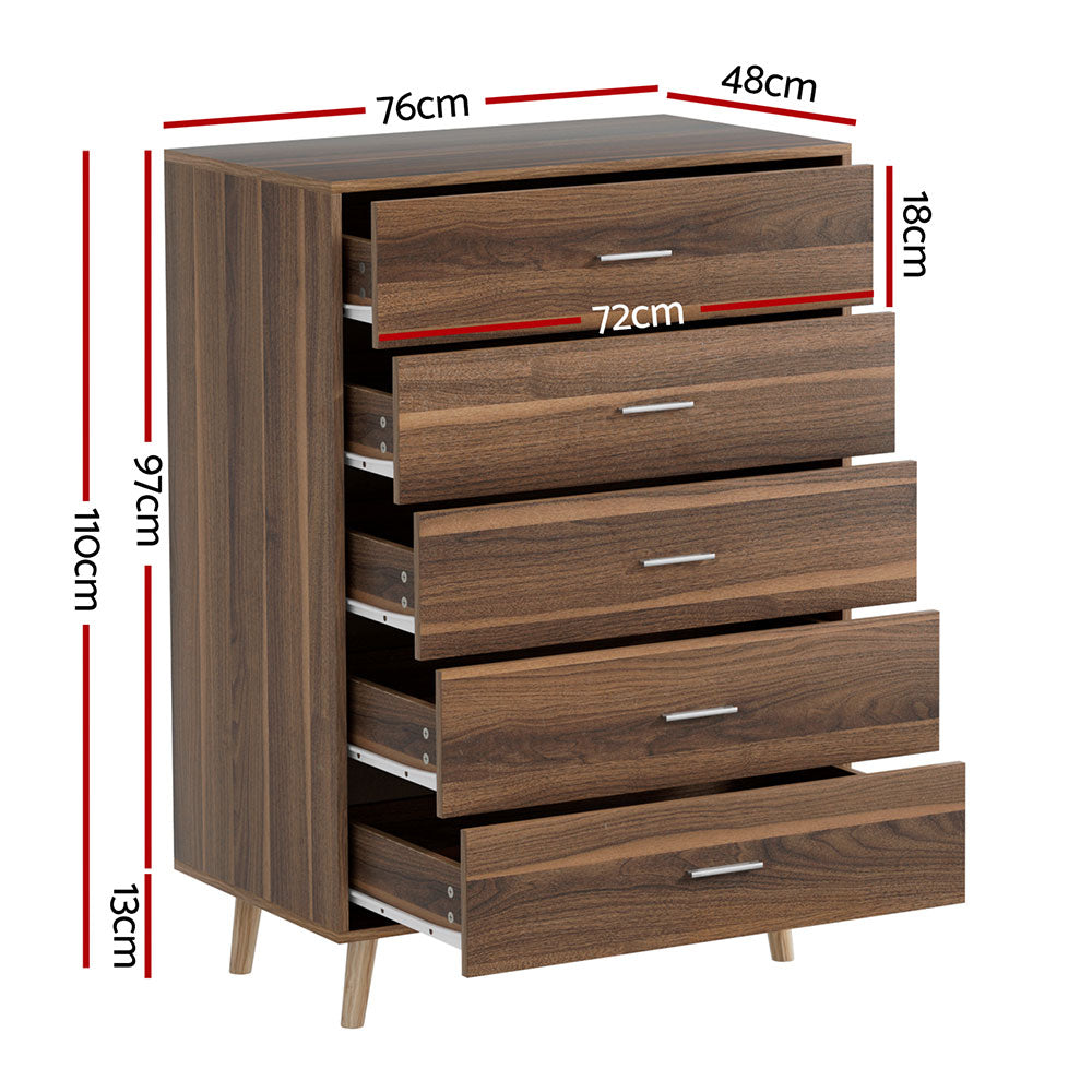 5 Chest of Drawers - MIRI Walnut with five open drawers, smooth glide mechanism, and tapered wooden legs in bedroom setting
