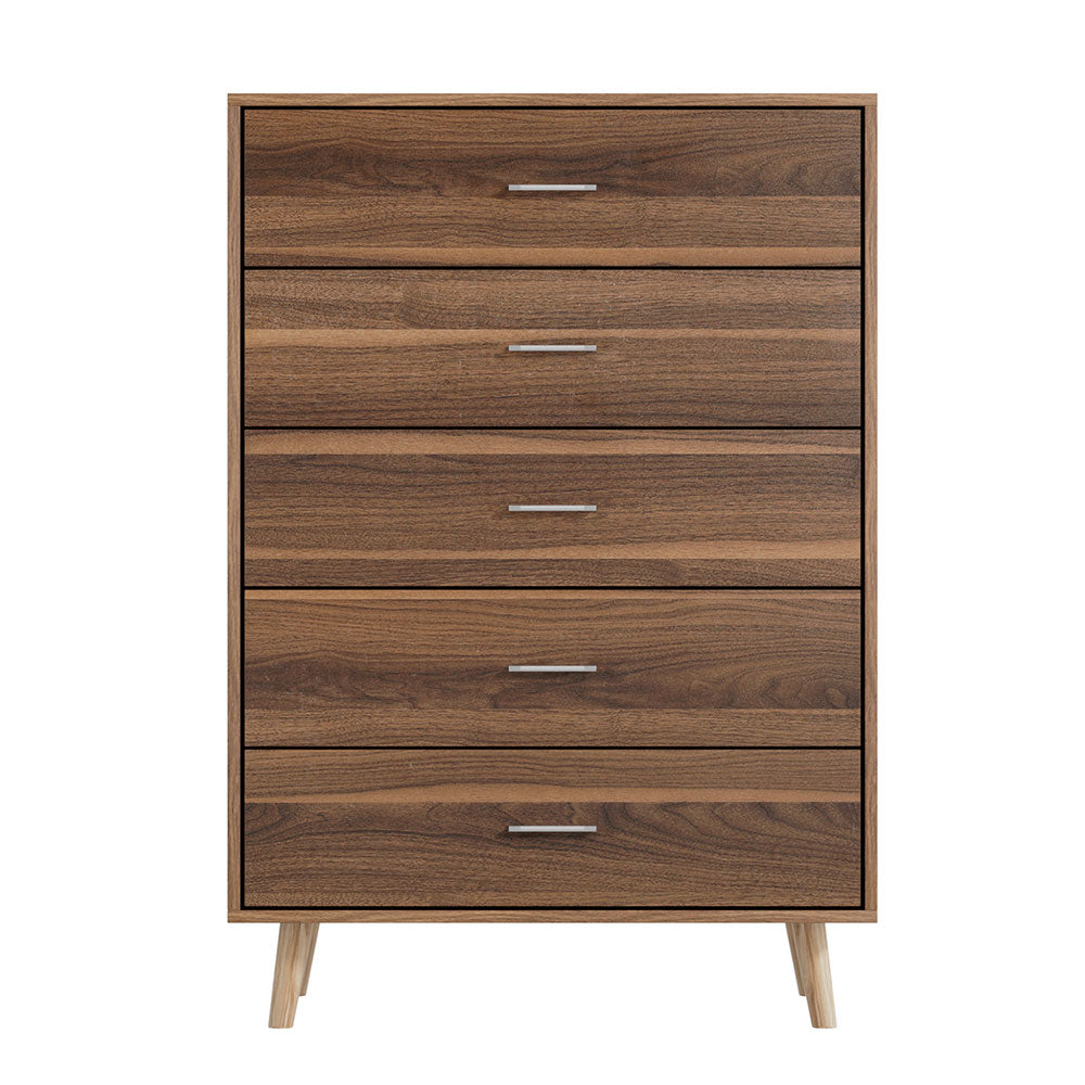 5 Chest of Drawers - MIRI Walnut with five spacious wood-grain drawers and metal handles on angled legs
