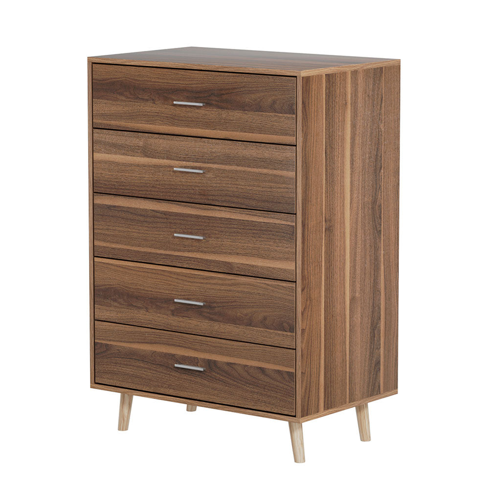 5 Chest of Drawers - MIRI Walnut with five drawers, smooth wood grain finish, and slender angled legs for bedroom storage