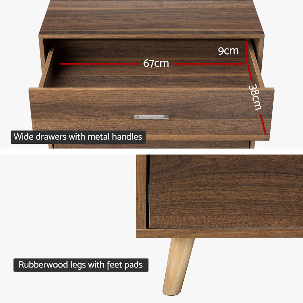 5 Chest of Drawers - MIRI Walnut with wide drawers, metal handles, and rubberwood legs with feet pads for bedroom furniture