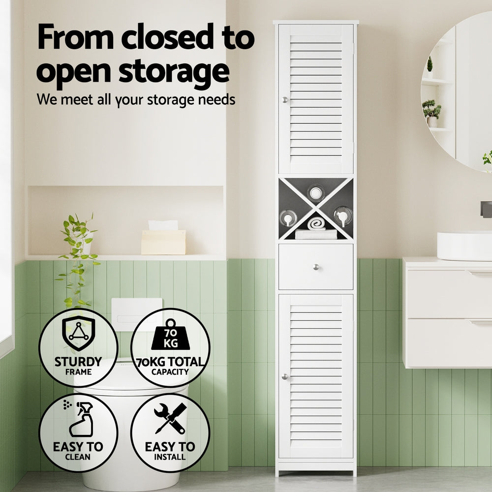 Bathroom Storage Cabinet 170cm Tall Slim Organiser Toilet Corner Adjustable Shelf Louver Door White