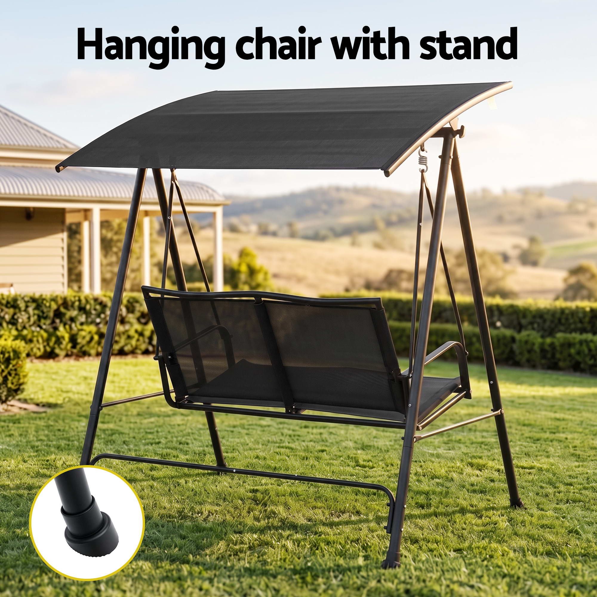 Outdoor Swing Chair with Adjustable Canopy 142cm x 172cm Stand - Black