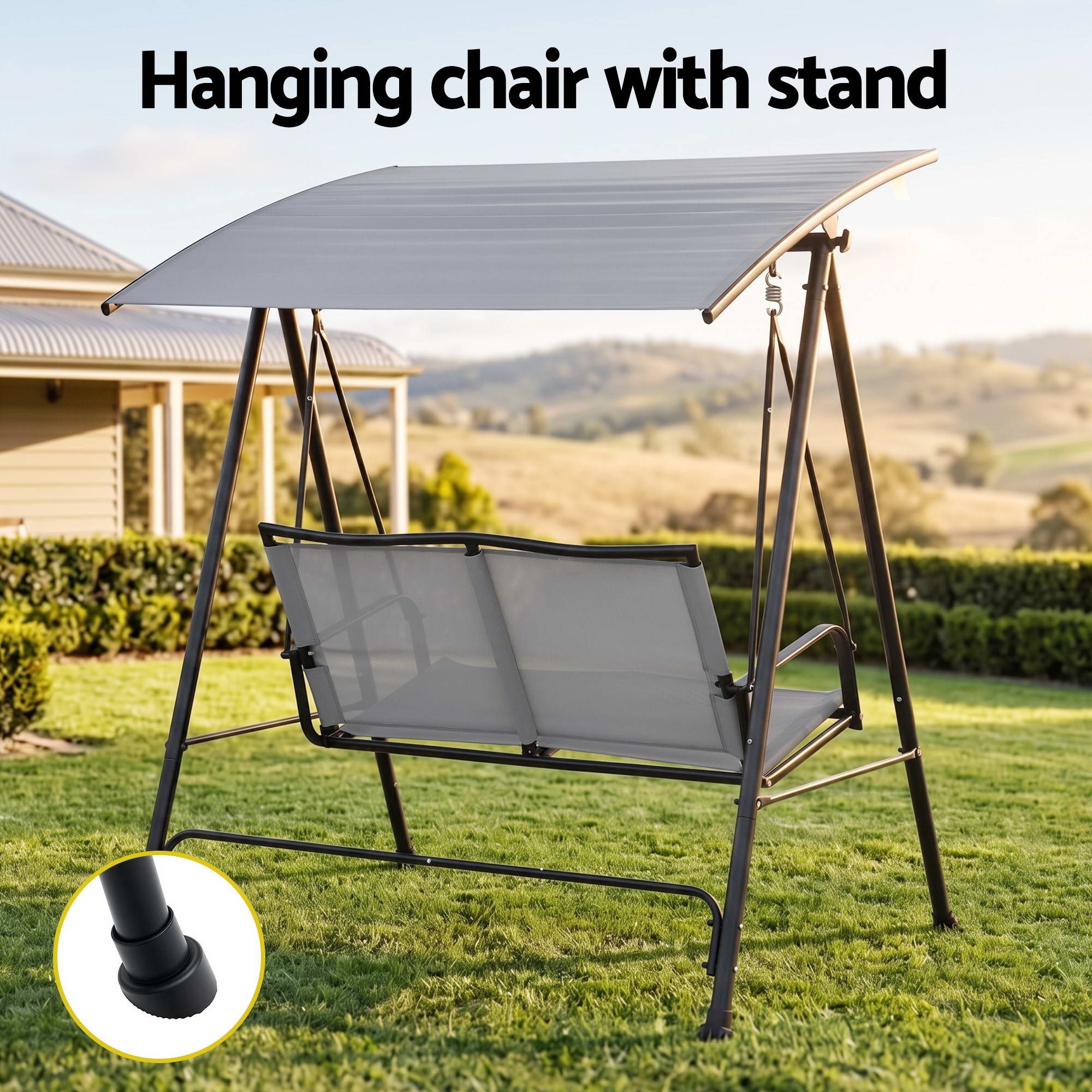 Outdoor Swing Chair with Adjustable Canopy 142cm x 172cm Stand - Grey