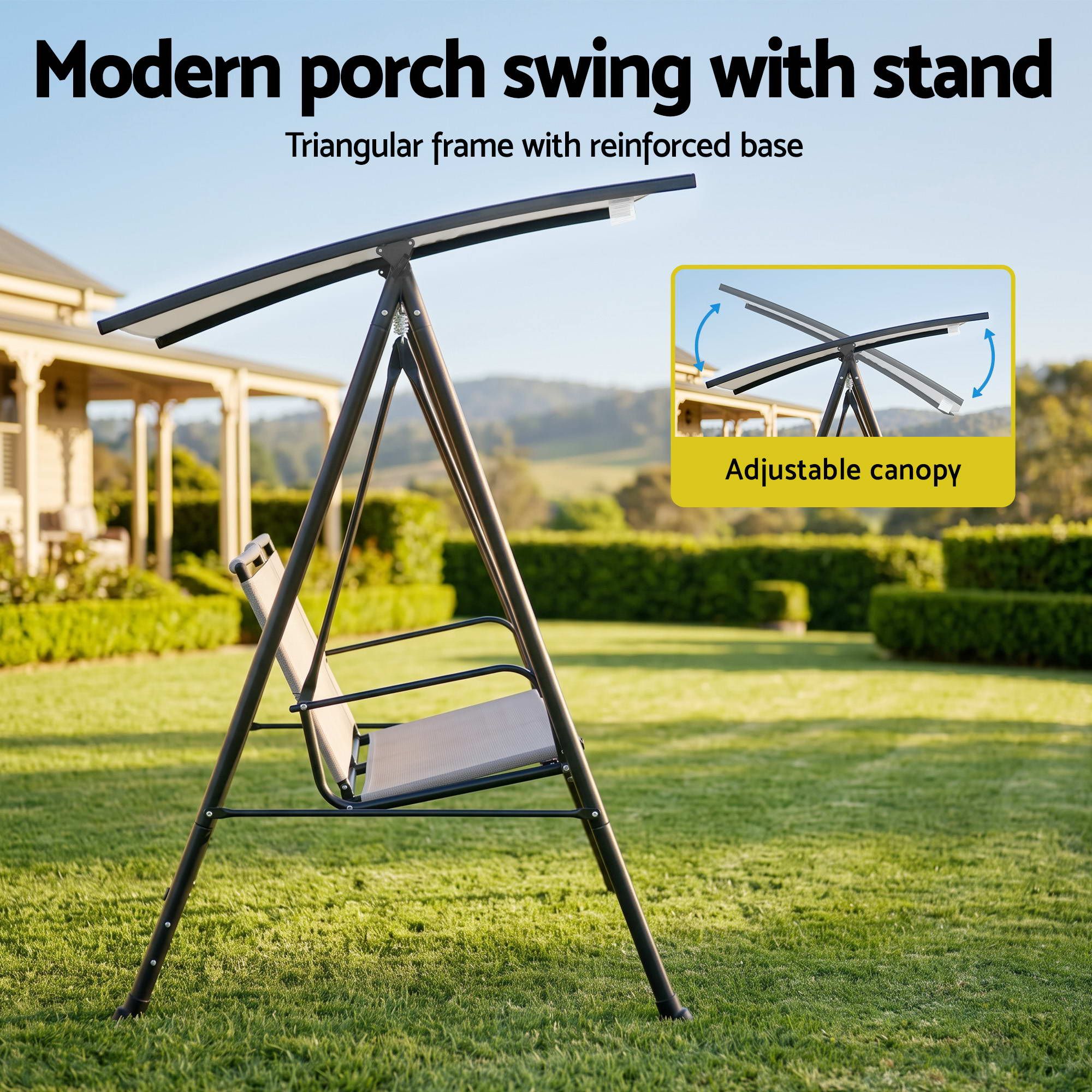 Outdoor Swing Chair with Adjustable Canopy 142cm x 172cm Stand - Grey