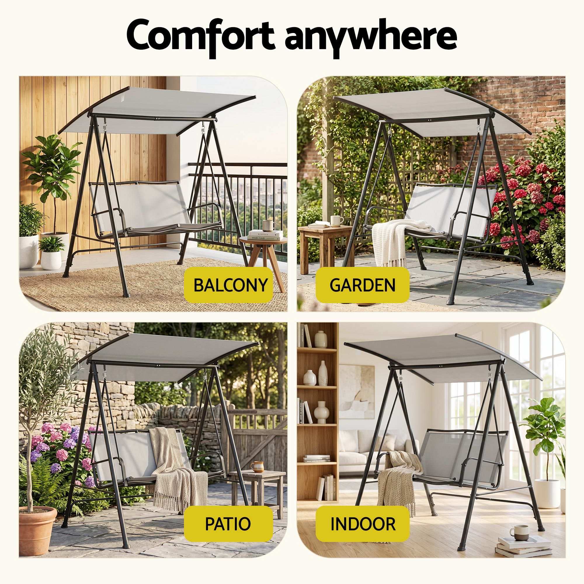 Outdoor Swing Chair with Adjustable Canopy 142cm x 172cm Stand - Grey