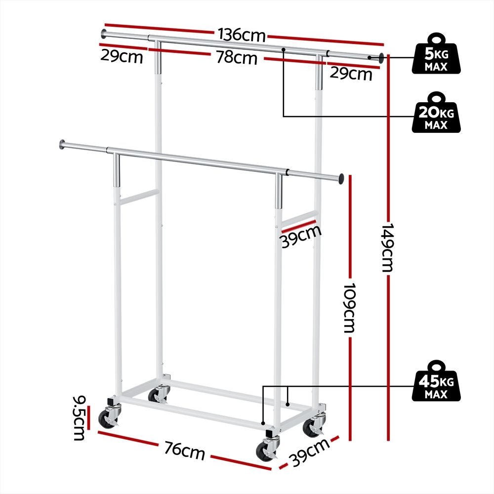 2X Double Rod Adjustable Clothes Rack with Casters - Silver White