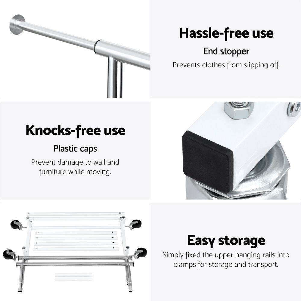 2X Double Rod Adjustable Clothes Rack with Casters - Silver White