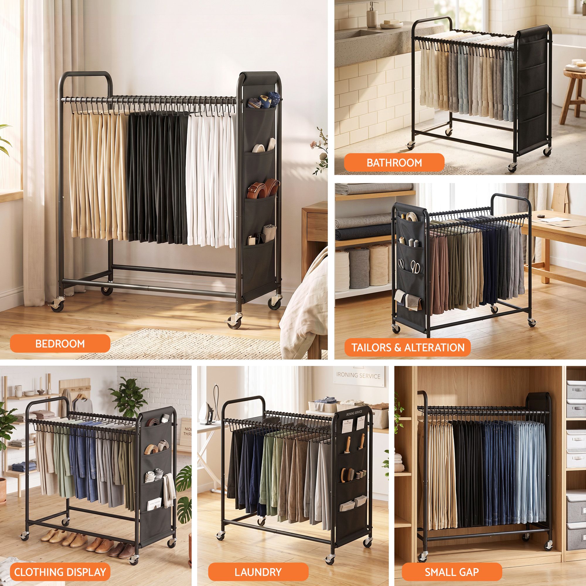 Mobile Clothes Rack with 30 Hangers, Wheels & Storage Bag - Black
