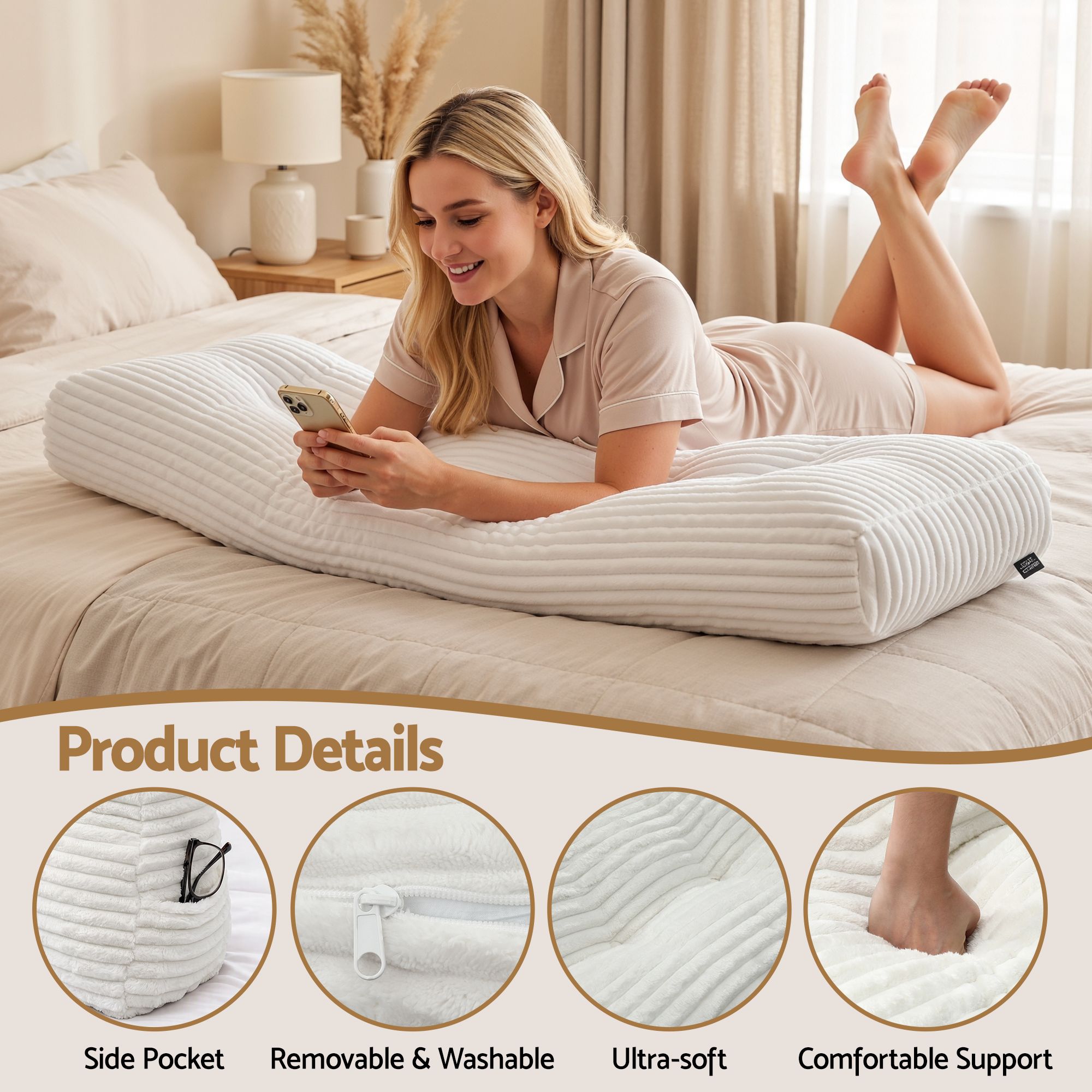 wedge pillow headboard with non-flattening shredded foam core, perfect for dorm reading or sofa lap desk, 330g corduroy cover, side pockets, Double