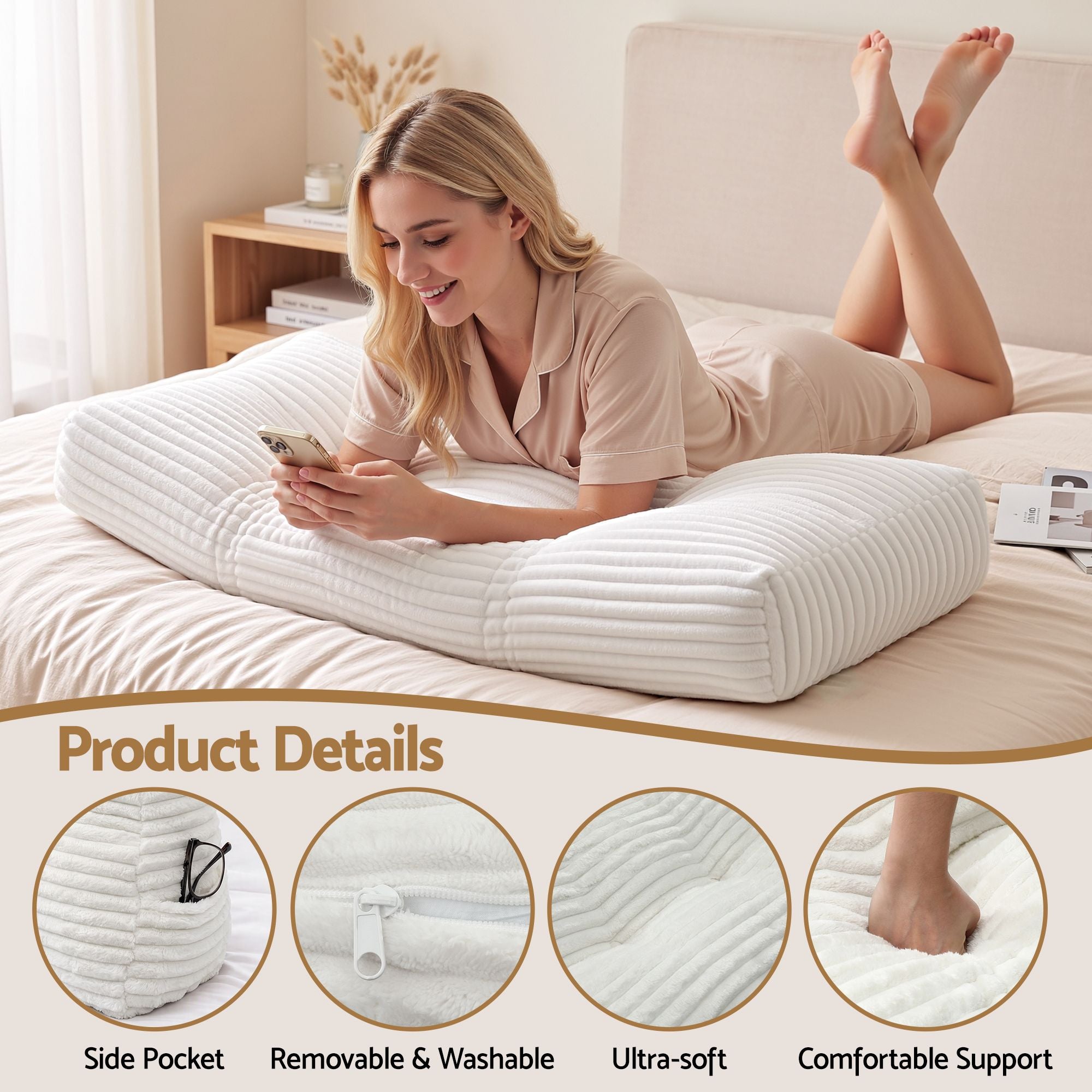 wedge pillow headboard with non-flattening shredded foam core, perfect for dorm reading or sofa lap desk, 330g corduroy cover, side pockets, King Single