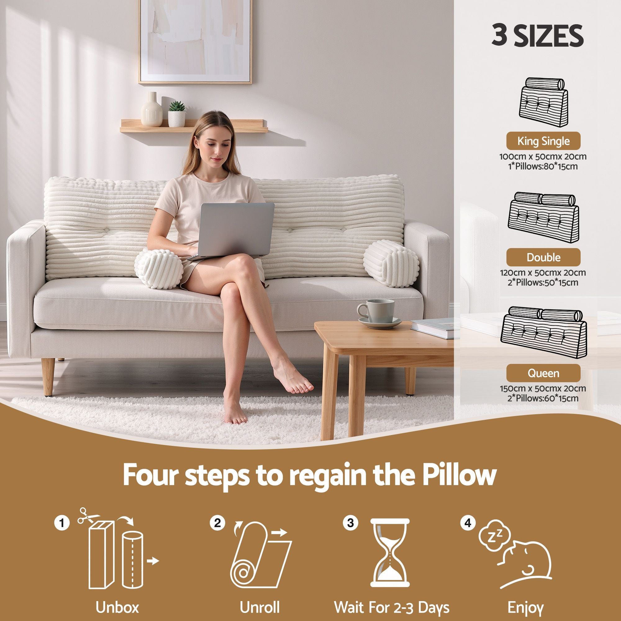 wedge pillow headboard with non-flattening shredded foam core, perfect for dorm reading or sofa lap desk, 330g corduroy cover, side pockets, Queen