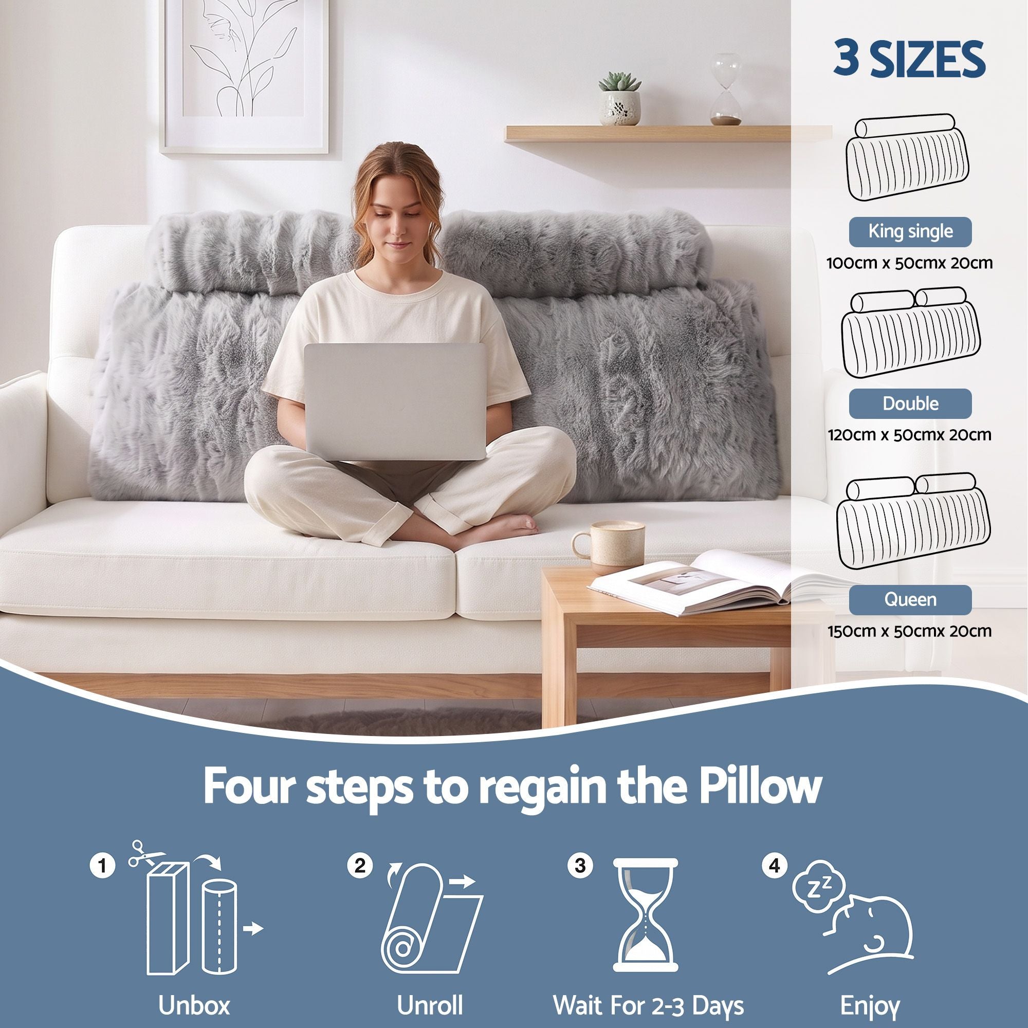 Wedge Pillow Headboard, Easy Wash Zipper Cover & Anti-Flat Foam, Couch Lumbar Support for Dorm Readers, 340g Faux Rabbit Fur with Dual Pockets, Double