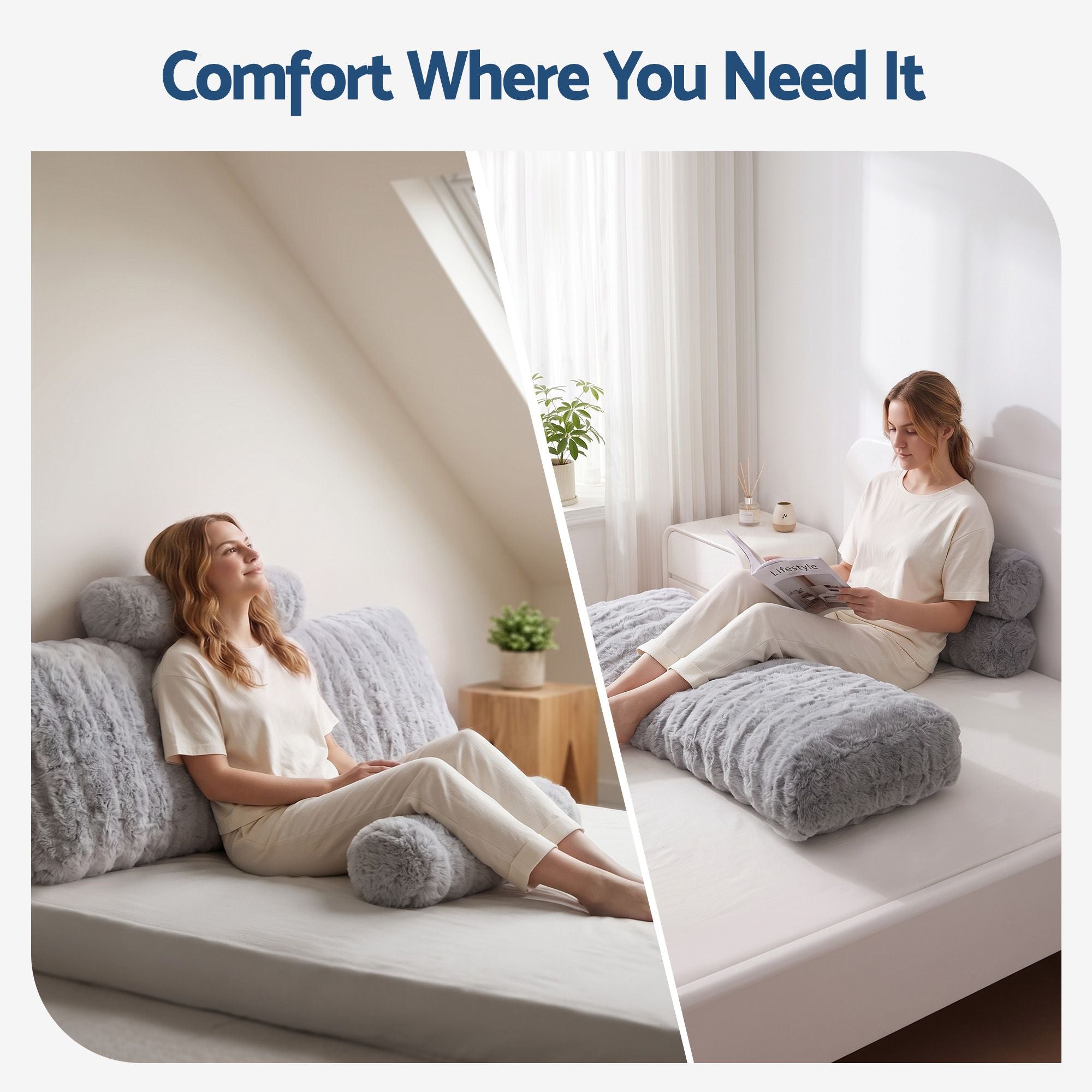 Wedge Pillow Headboard, Easy Wash Zipper Cover & Anti-Flat Foam, Couch Lumbar Support for Dorm Readers, 340g Faux Rabbit Fur with Dual Pockets, Double