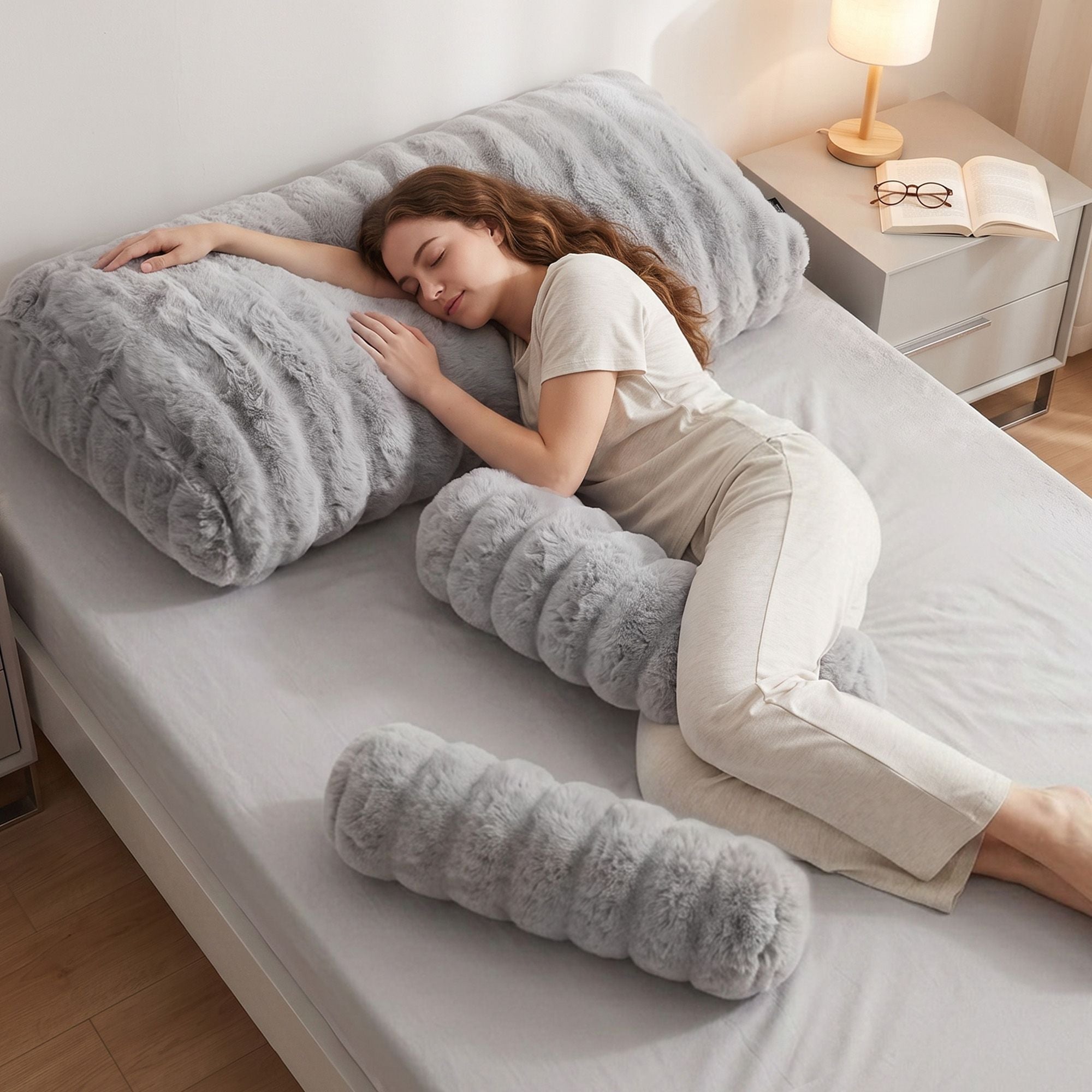 Wedge Pillow Headboard, Easy Wash Zipper Cover & Anti-Flat Foam, Couch Lumbar Support for Dorm Readers, 340g Faux Rabbit Fur with Dual Pockets, Double