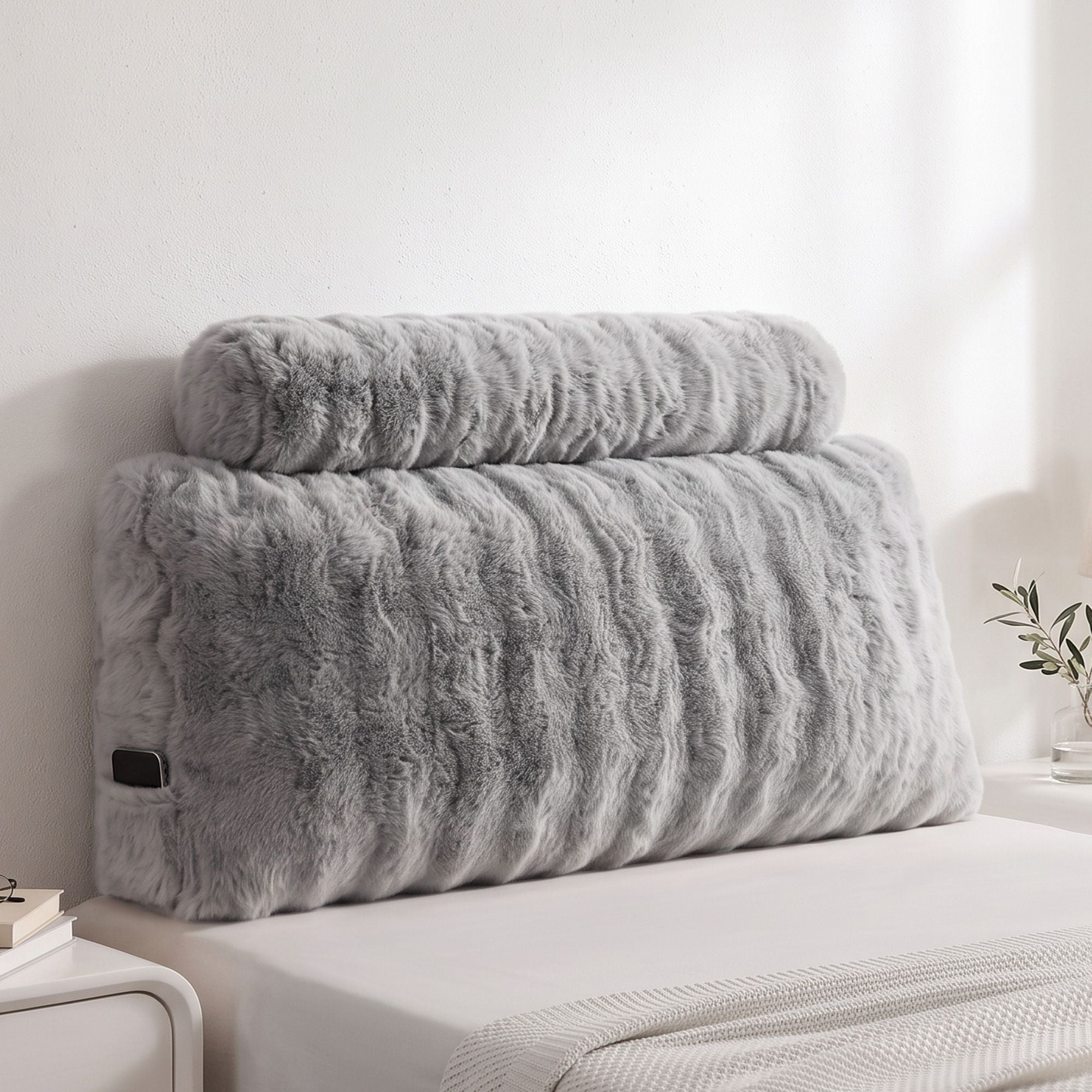 Wedge Pillow Headboard, Easy Wash Zipper Cover & Anti-Flat Foam, Couch Lumbar Support for Dorm Readers, 340g Faux Rabbit Fur with Dual Pockets, King Single