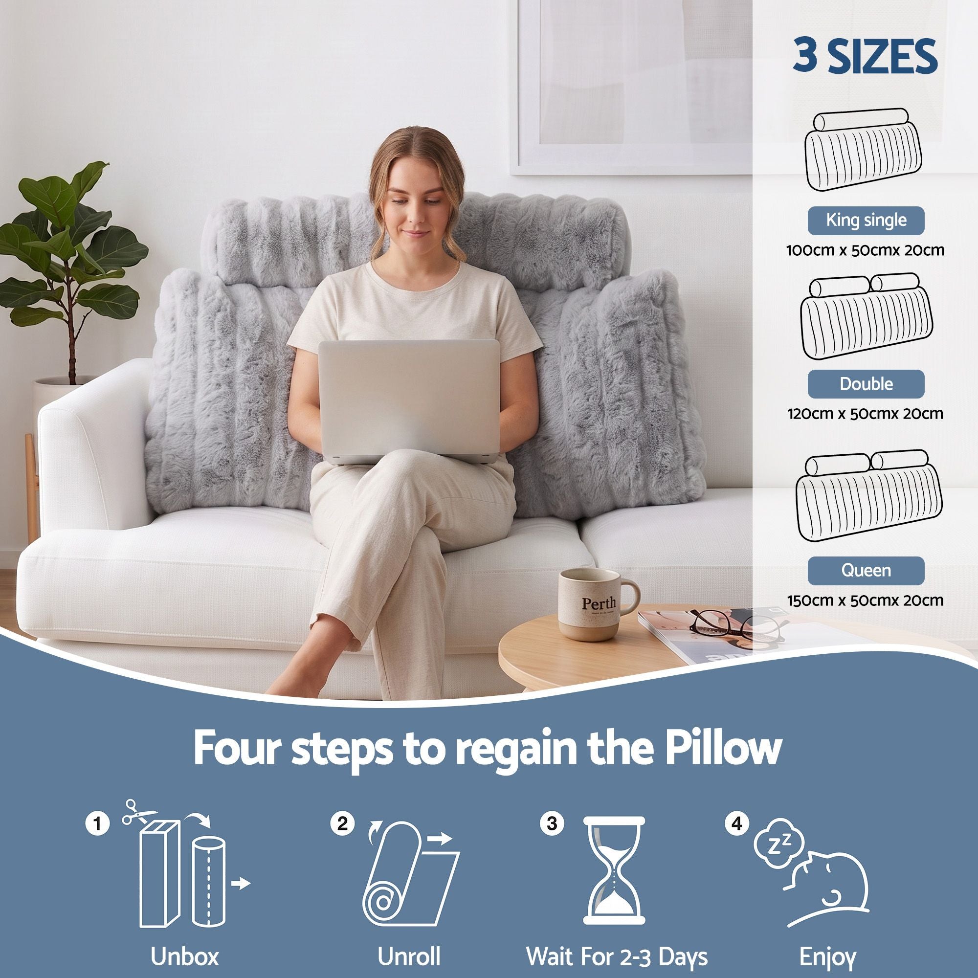 Wedge Pillow Headboard, Easy Wash Zipper Cover & Anti-Flat Foam, Couch Lumbar Support for Dorm Readers, 340g Faux Rabbit Fur with Dual Pockets, King Single