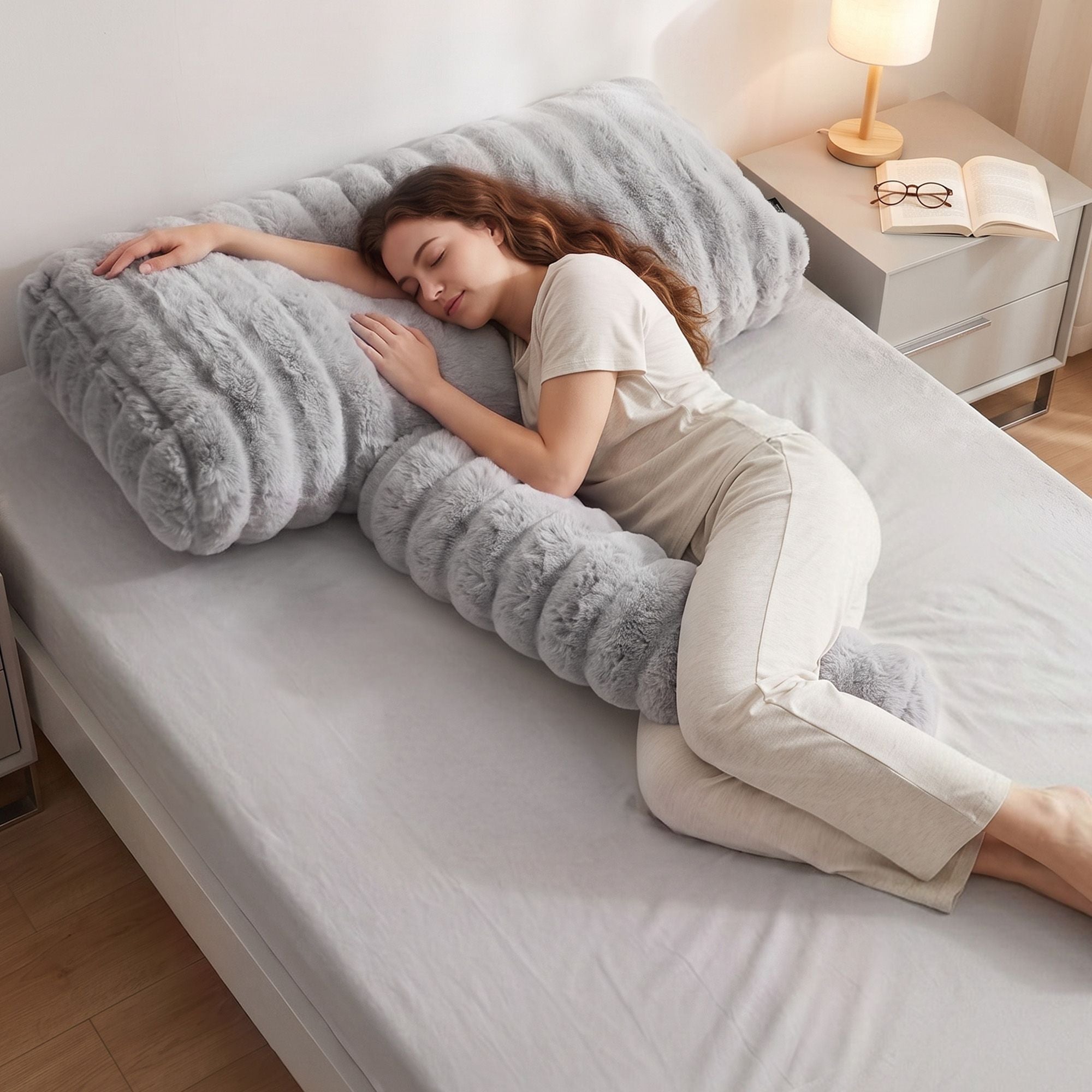 Wedge Pillow Headboard, Easy Wash Zipper Cover & Anti-Flat Foam, Couch Lumbar Support for Dorm Readers, 340g Faux Rabbit Fur with Dual Pockets, King Single