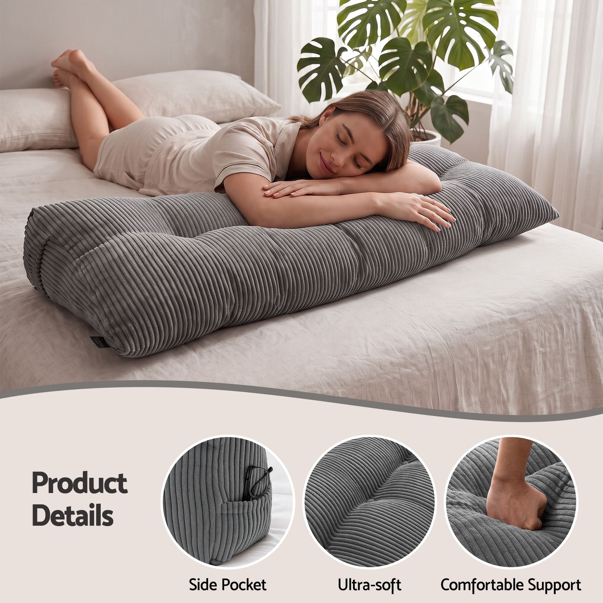Headboard Pillow for Sitting in Bed, Upgraded Shredded Foam Reading Wedge Cushion for Lumbar Support, 320g Corduroy Backrest with Side Pockets for Dorm Daybed, Double