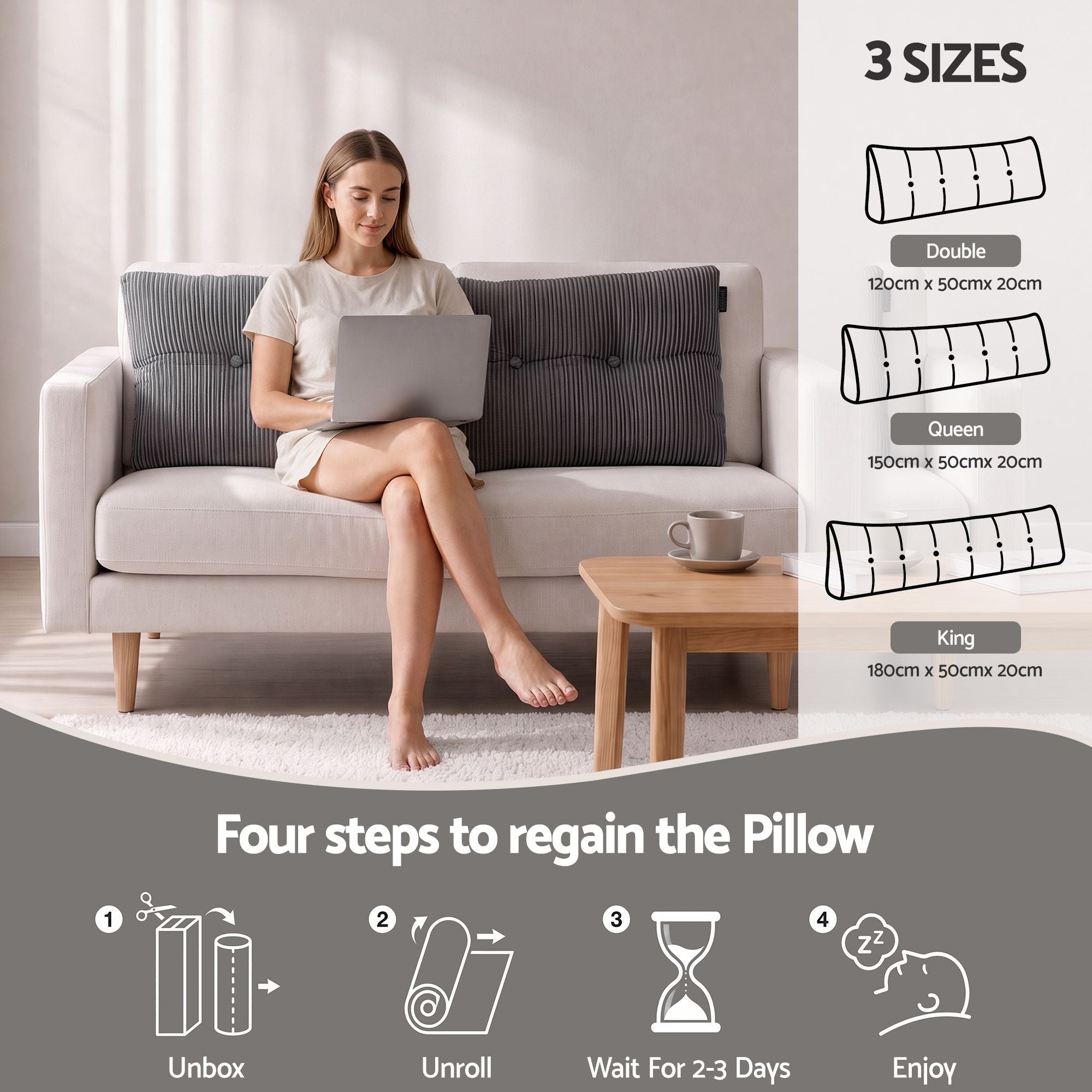 Headboard Pillow for Sitting in Bed, Upgraded Shredded Foam Reading Wedge Cushion for Lumbar Support, 320g Corduroy Backrest with Side Pockets for Dorm Daybed, Double