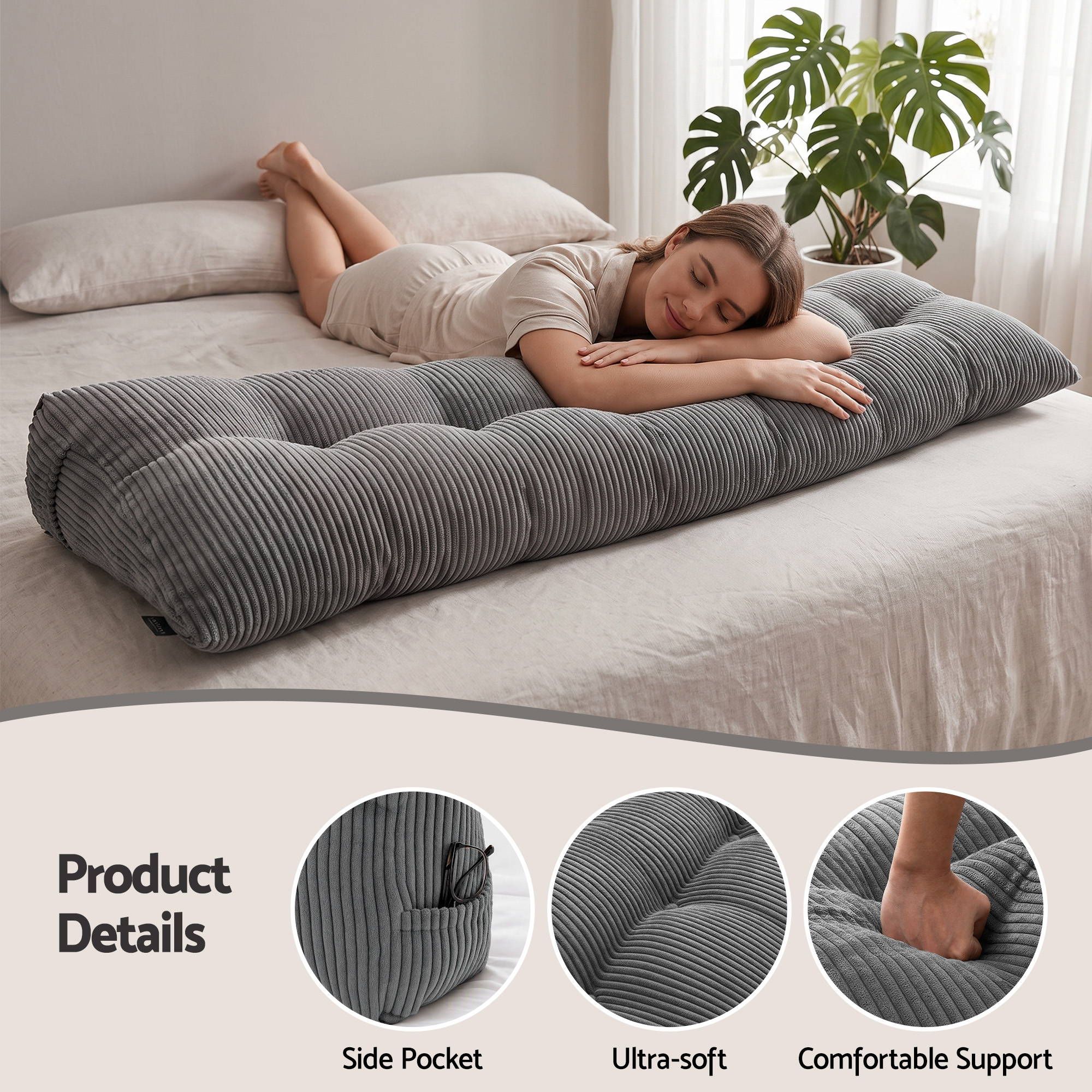 Headboard Pillow for Sitting in Bed, Upgraded Shredded Foam Reading Wedge Cushion for Lumbar Support, 320g Corduroy Backrest with Side Pockets for Dorm Daybed, King