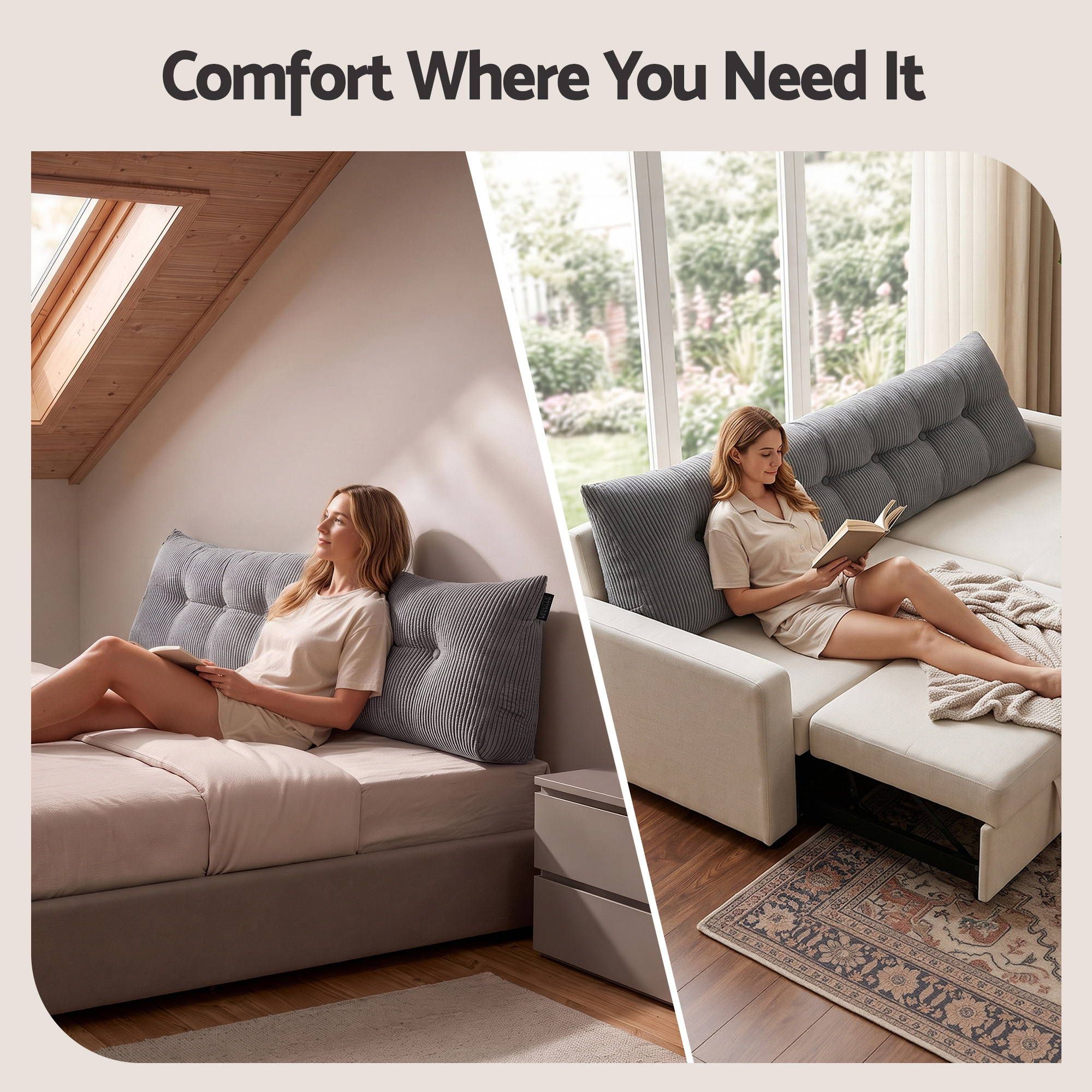 Headboard Pillow for Sitting in Bed, Upgraded Shredded Foam Reading Wedge Cushion for Lumbar Support, 320g Corduroy Backrest with Side Pockets for Dorm Daybed, King