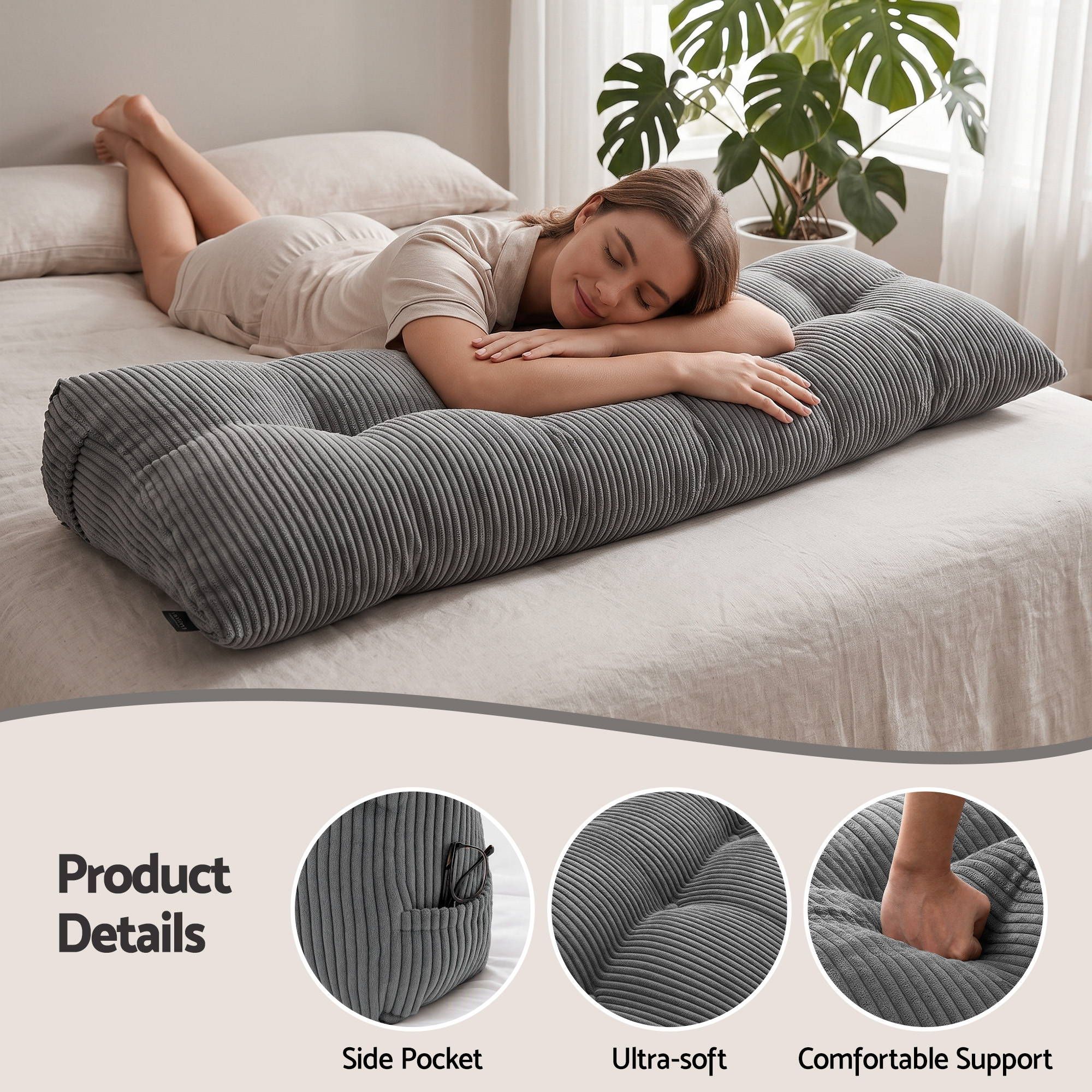 Headboard Pillow for Sitting in Bed, Upgraded Shredded Foam Reading Wedge Cushion for Lumbar Support, 320g Corduroy Backrest with Side Pockets for Dorm Daybed, Queen