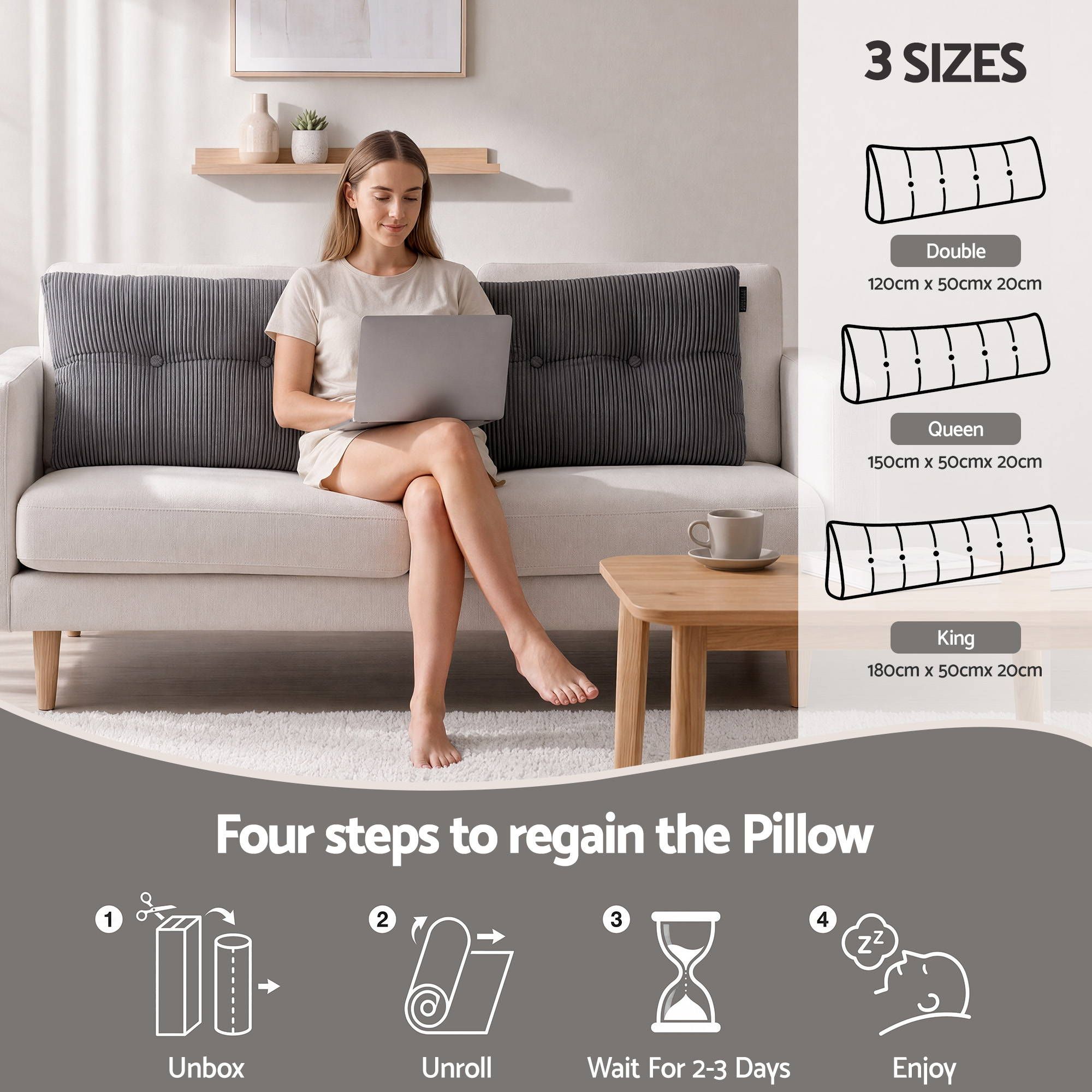 Headboard Pillow for Sitting in Bed, Upgraded Shredded Foam Reading Wedge Cushion for Lumbar Support, 320g Corduroy Backrest with Side Pockets for Dorm Daybed, Queen