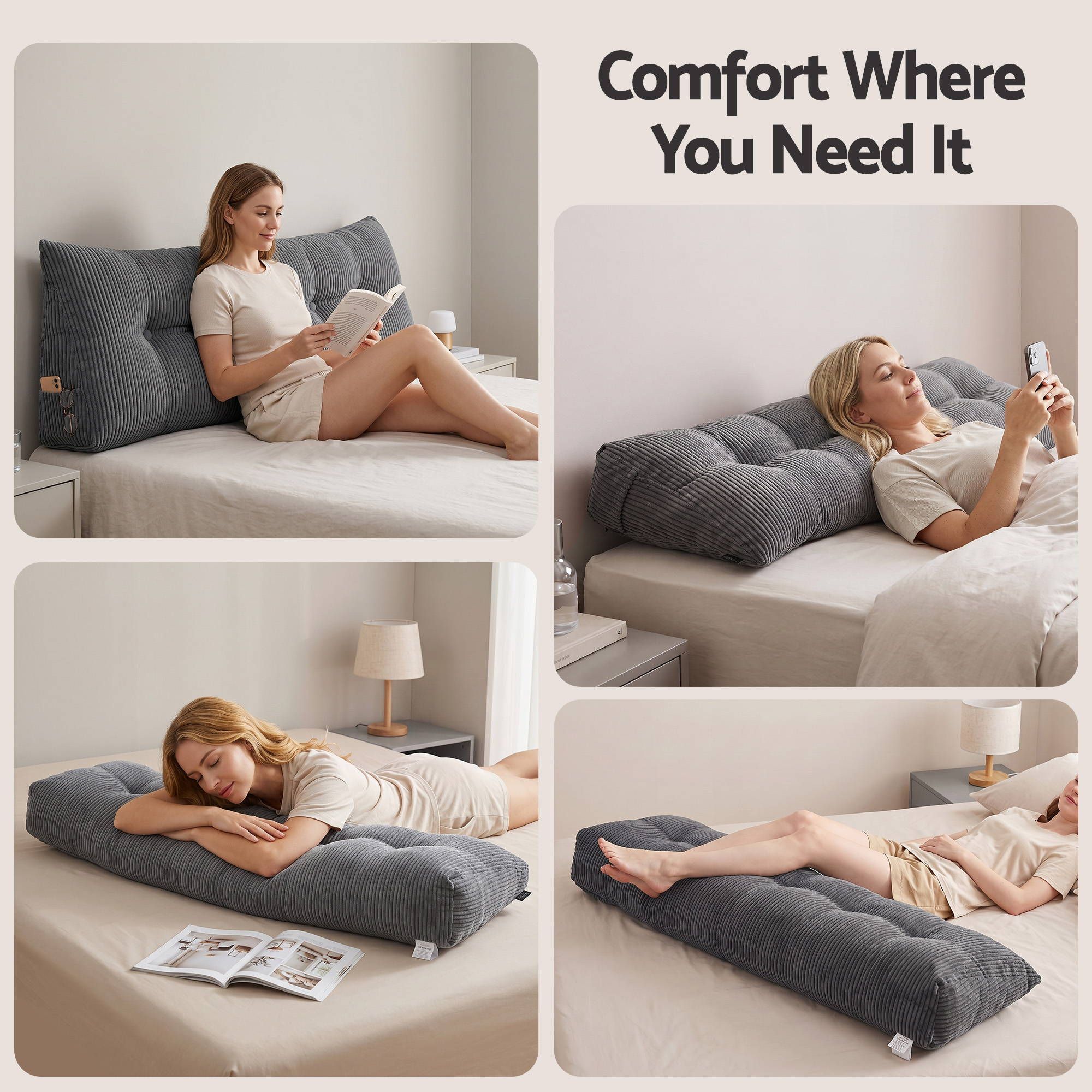 Headboard Pillow for Sitting in Bed, Upgraded Shredded Foam Reading Wedge Cushion for Lumbar Support, 320g Corduroy Backrest with Side Pockets for Dorm Daybed, Queen