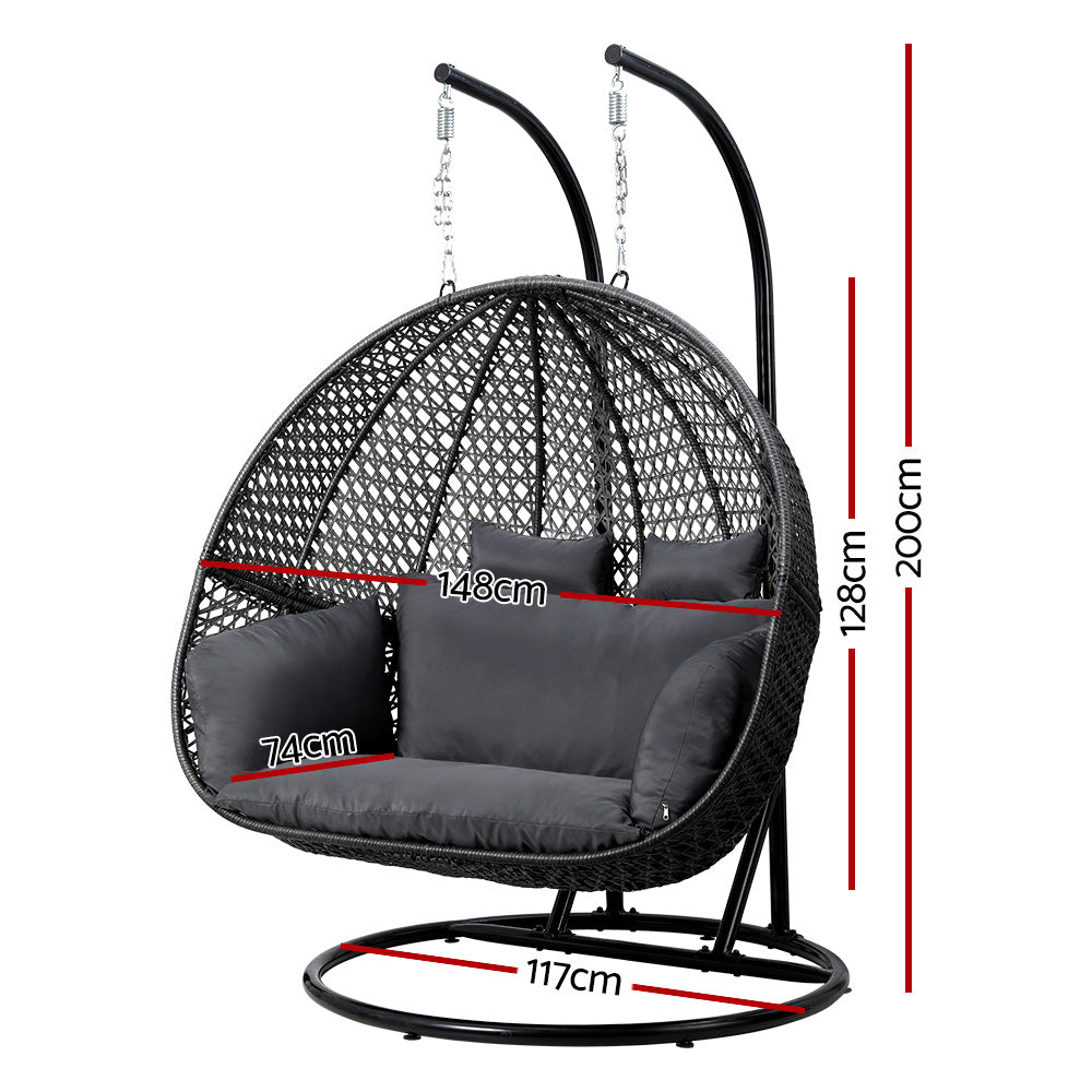Outdoor Swing Chair Hanging Rattan Patio Furniture Pod Stand Cushion 2 Seater with black cushions and metal frame with size measurements