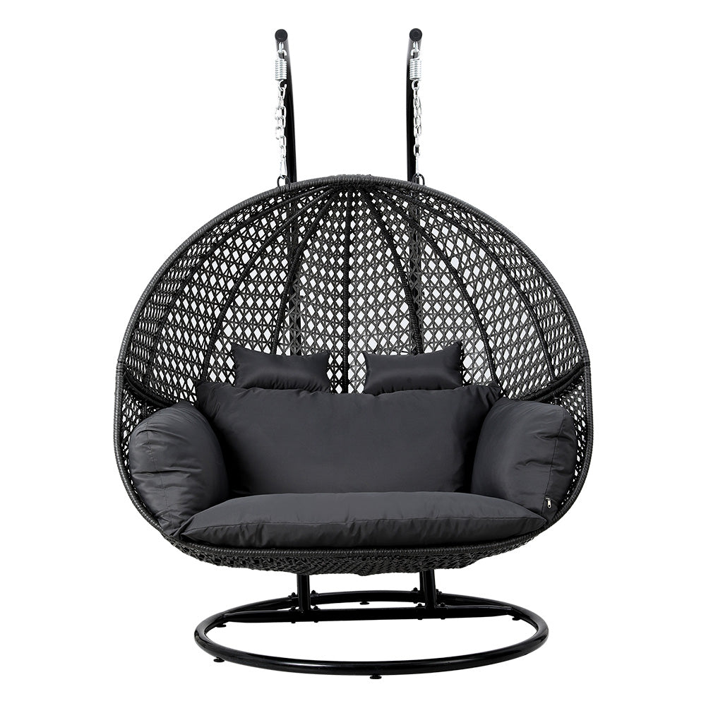 Outdoor Swing Chair Hanging Rattan Patio Furniture Pod Stand Cushion 2 Seater in black cushion with metal frame on white background