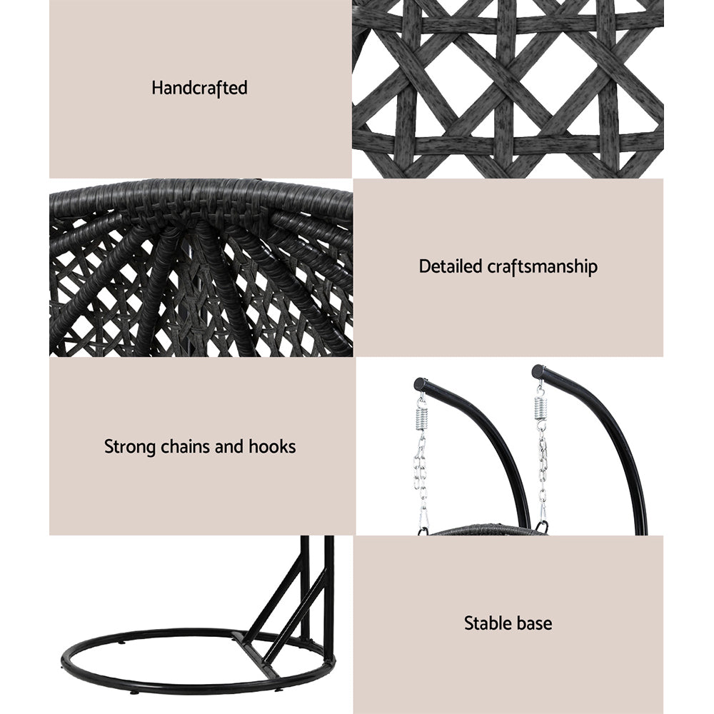 Close-up collage highlighting handcrafted woven details, sturdy chains and hooks, stable base of Outdoor Swing Chair Hanging Rattan Patio Furniture Pod Stand Cushion 2 Seater