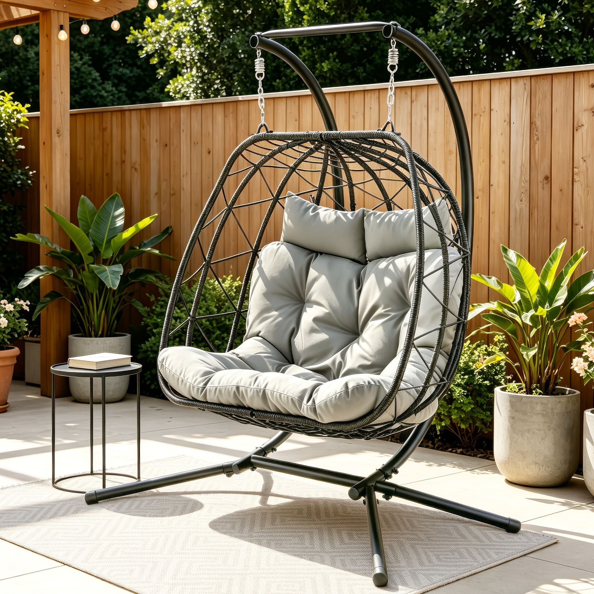 2-Seater Outdoor Swing Chair with Stand and Cushion Rattan Patio Furniture - Dark Grey