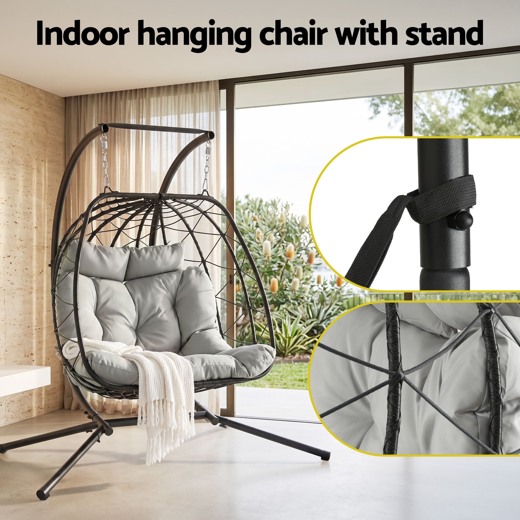 2-Seater Outdoor Swing Chair with Stand and Cushion Rattan Patio Furniture - Dark Grey