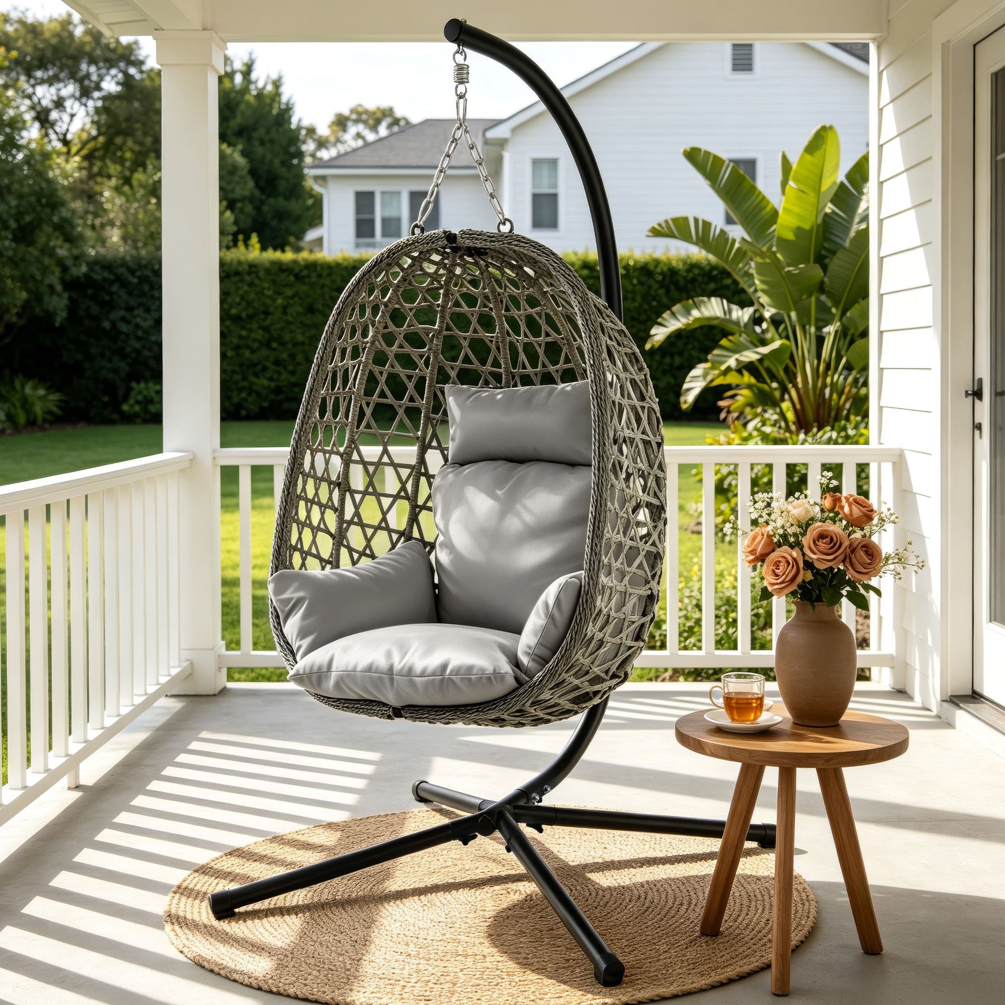 Outdoor Swing Chair with Stand and Cushion Rattan Furniture - Grey