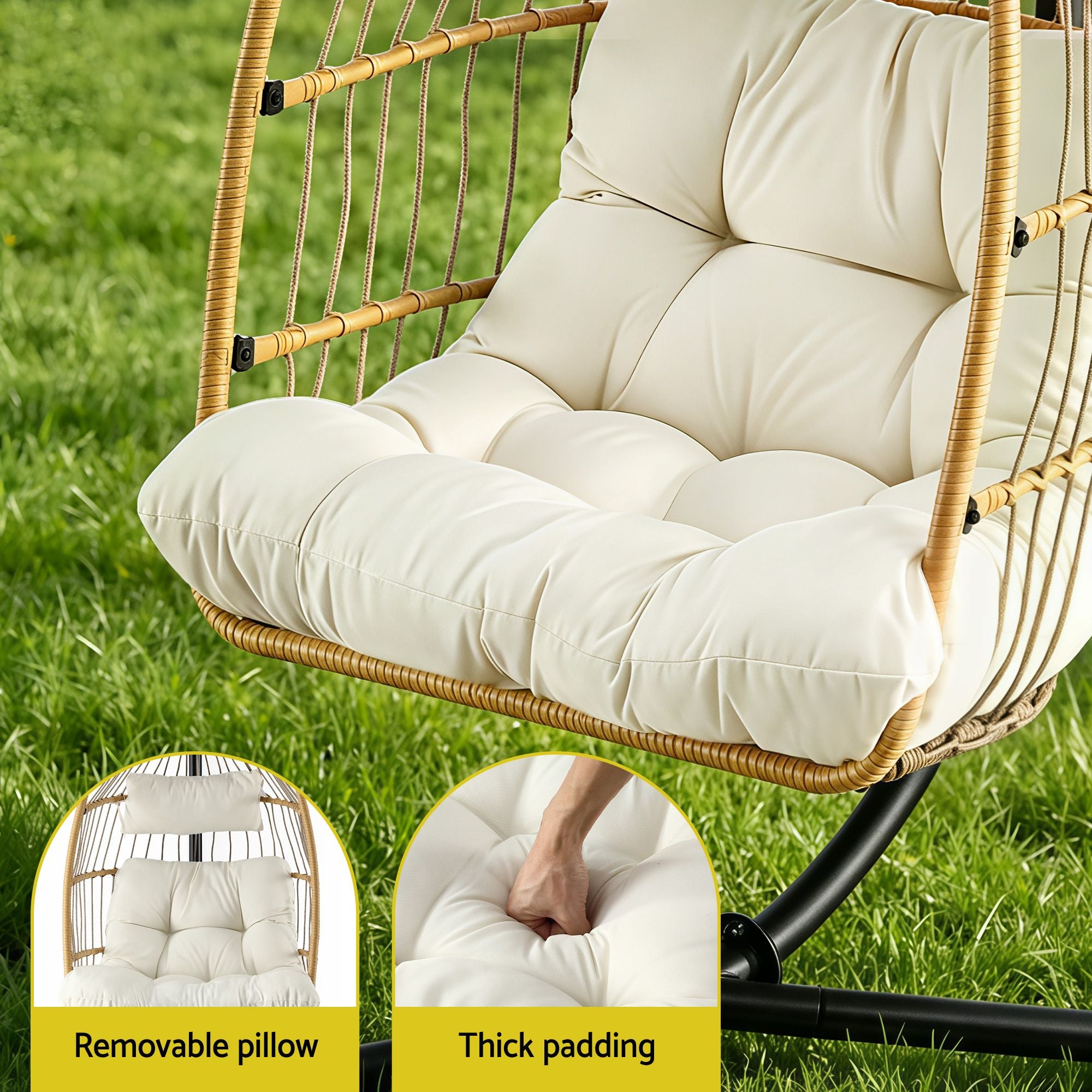 Foldable Outdoor Swing Chair with Stand and Cushion - Latte