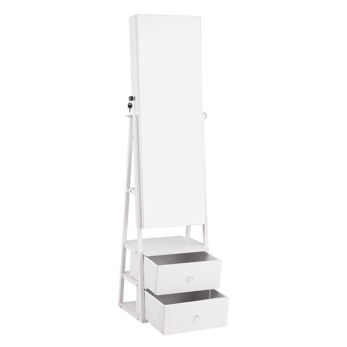 Lockable Freestanding Jewelry Armoire with Mirror and Drawers - White