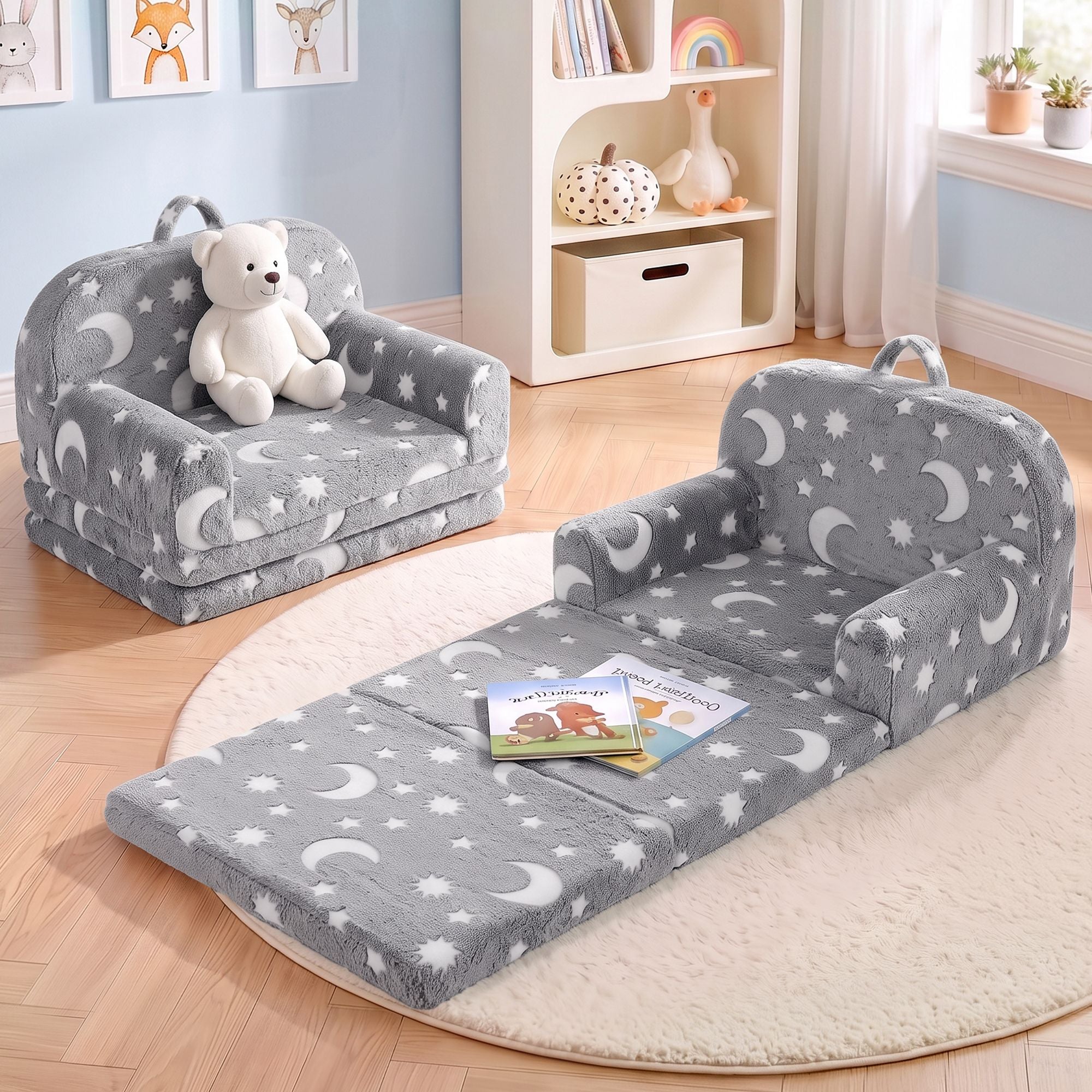 Kids 2-in-1 Fold Out Sofa Bed with Removable Washable Cover, Carry Handle, Storage Pocket, Glow in the Dark, Grey
