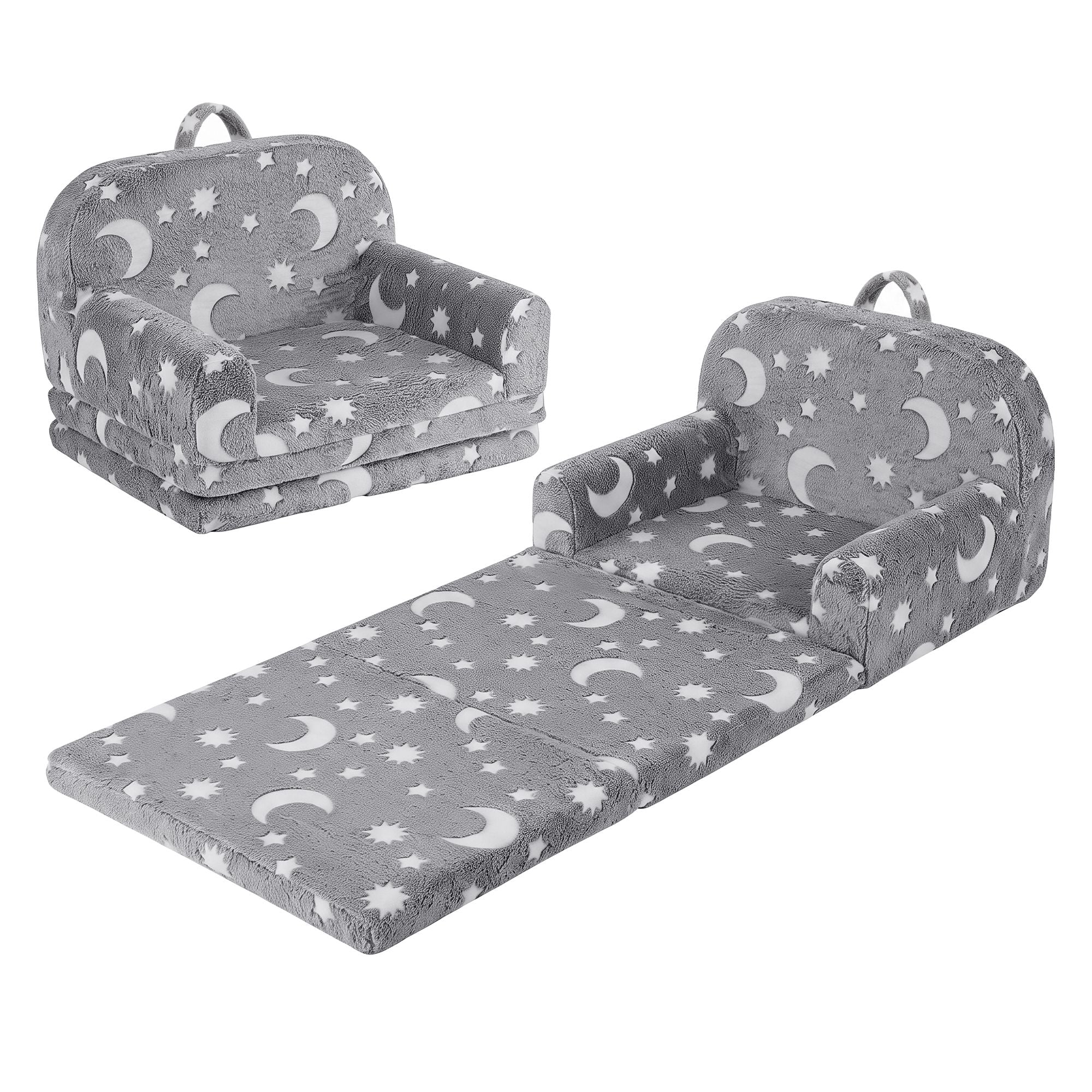 Kids 2-in-1 Fold Out Sofa Bed with Removable Washable Cover, Carry Handle, Storage Pocket, Glow in the Dark, Grey