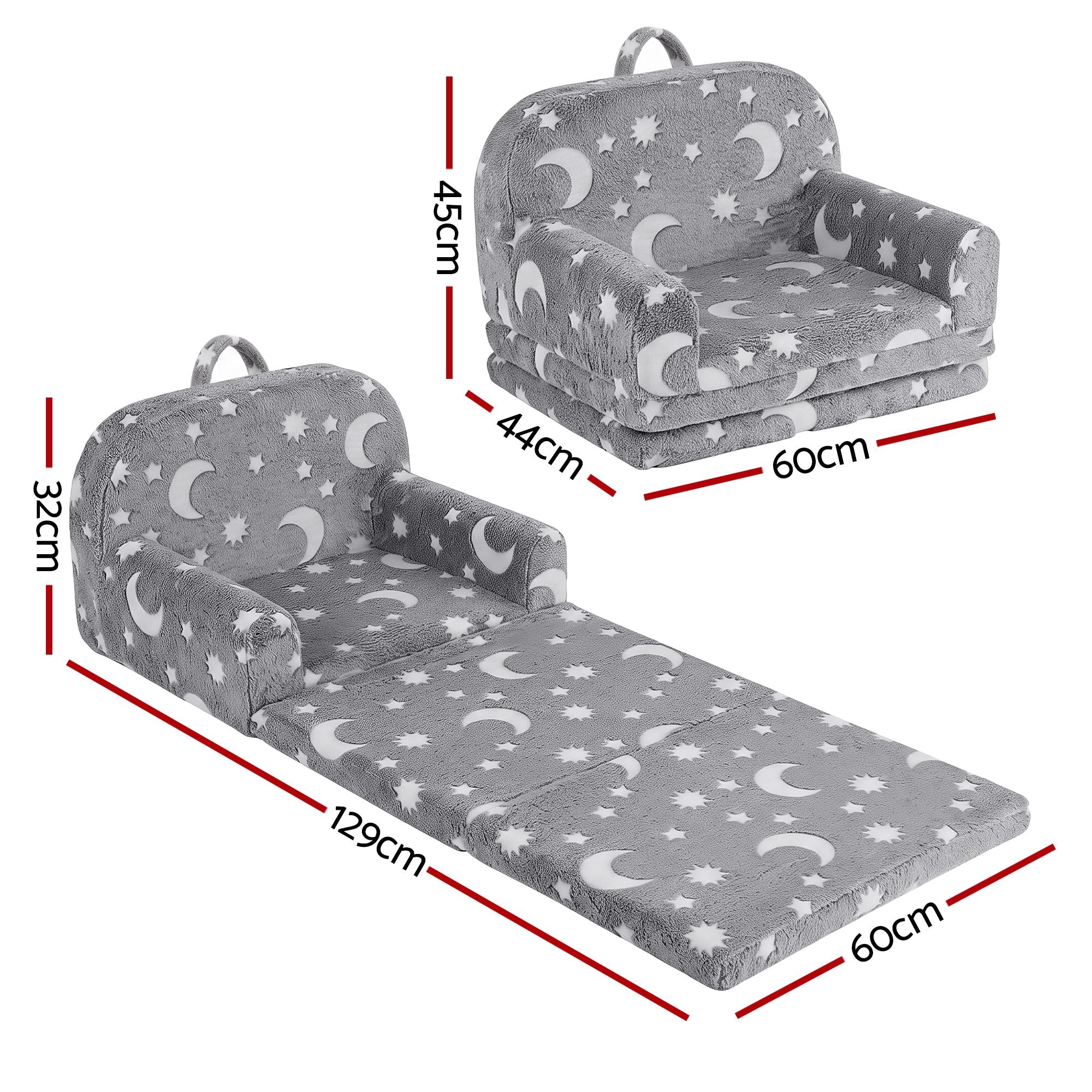 Kids 2-in-1 Fold Out Sofa Bed with Removable Washable Cover, Carry Handle, Storage Pocket, Glow in the Dark, Grey