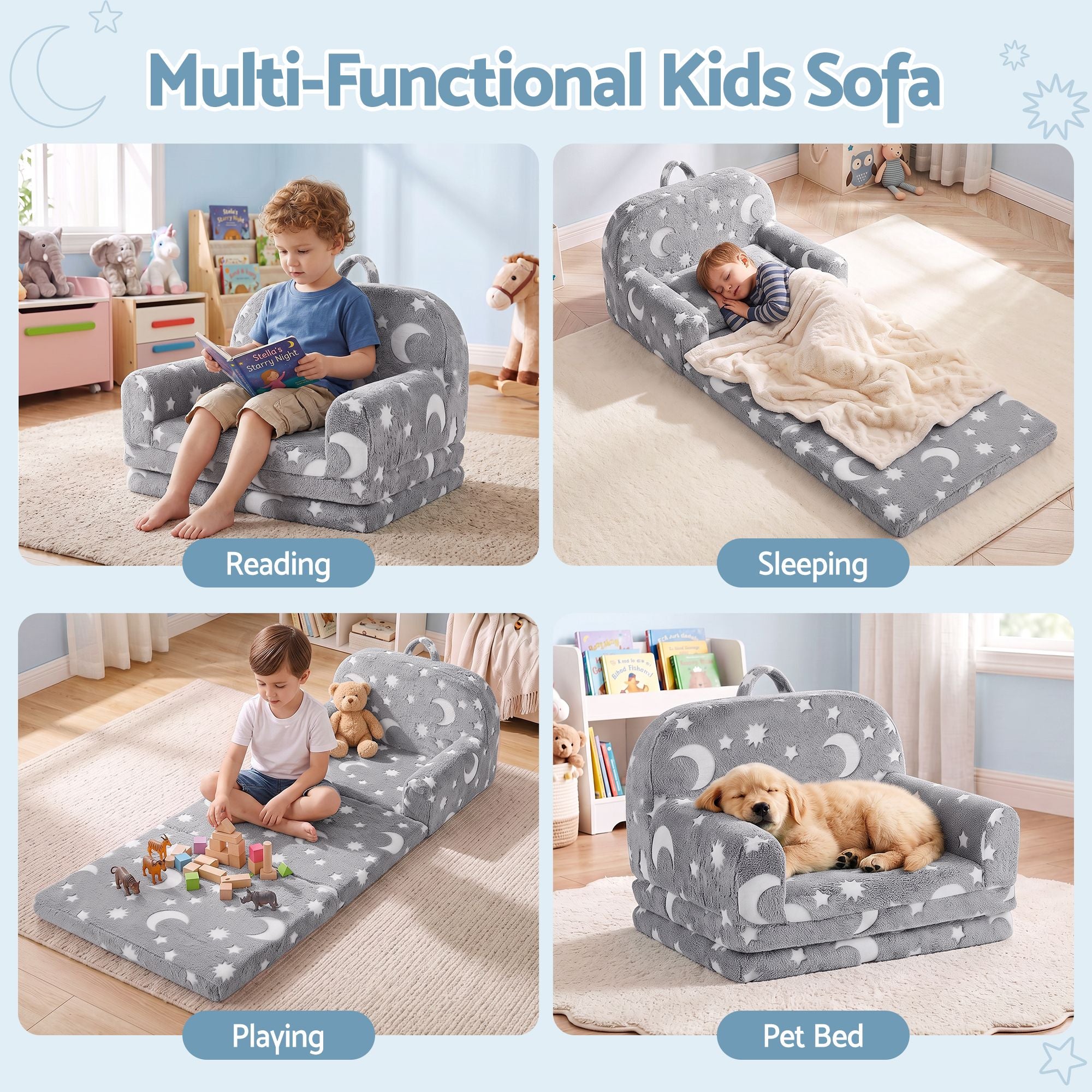 Kids 2-in-1 Fold Out Sofa Bed with Removable Washable Cover, Carry Handle, Storage Pocket, Glow in the Dark, Grey