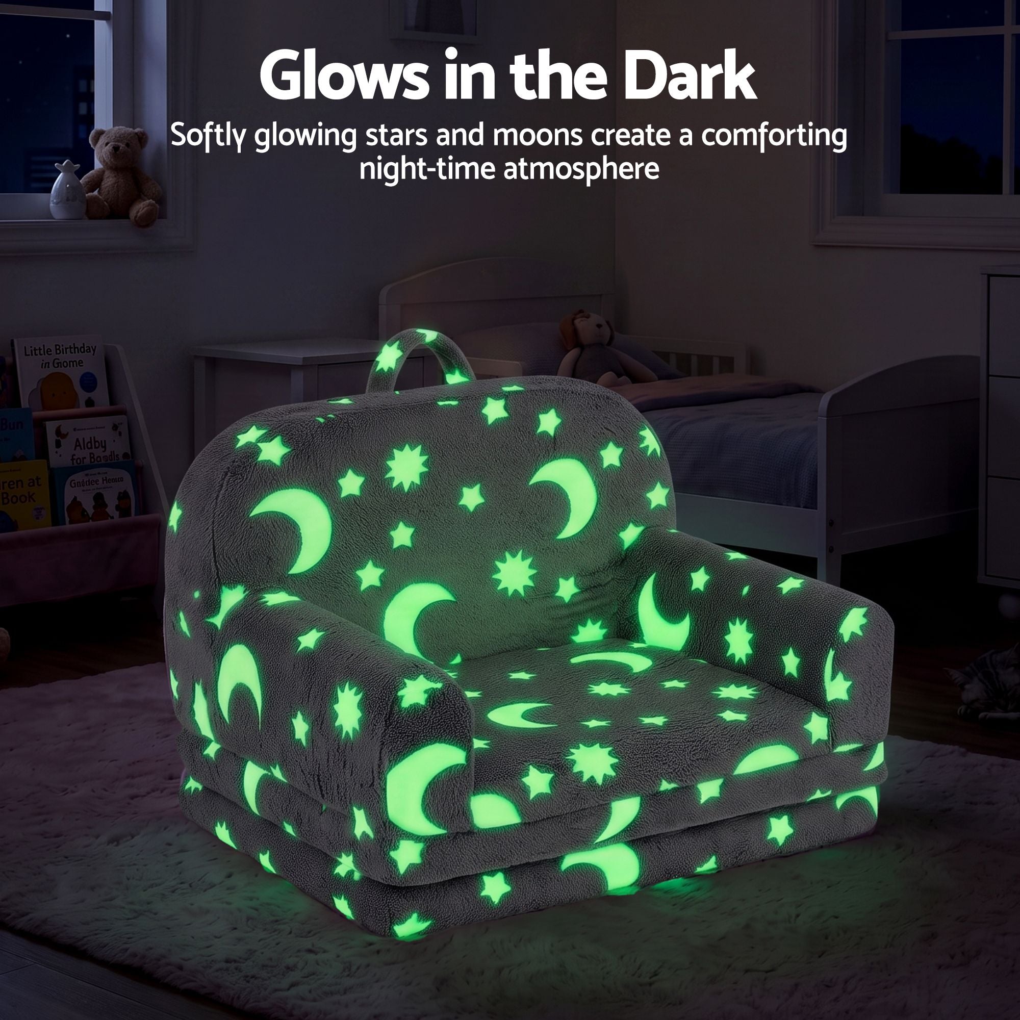 Kids 2-in-1 Fold Out Sofa Bed with Removable Washable Cover, Carry Handle, Storage Pocket, Glow in the Dark, Grey