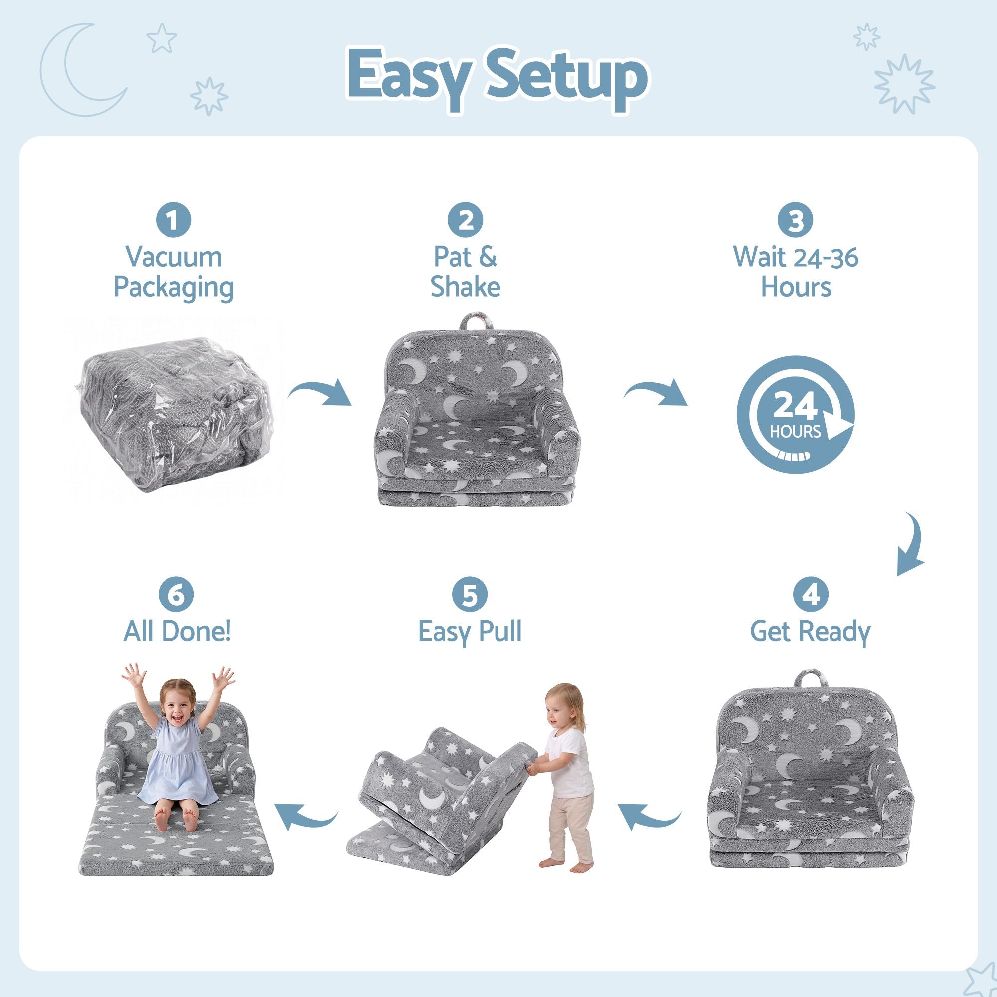Kids 2-in-1 Fold Out Sofa Bed with Removable Washable Cover, Carry Handle, Storage Pocket, Glow in the Dark, Grey