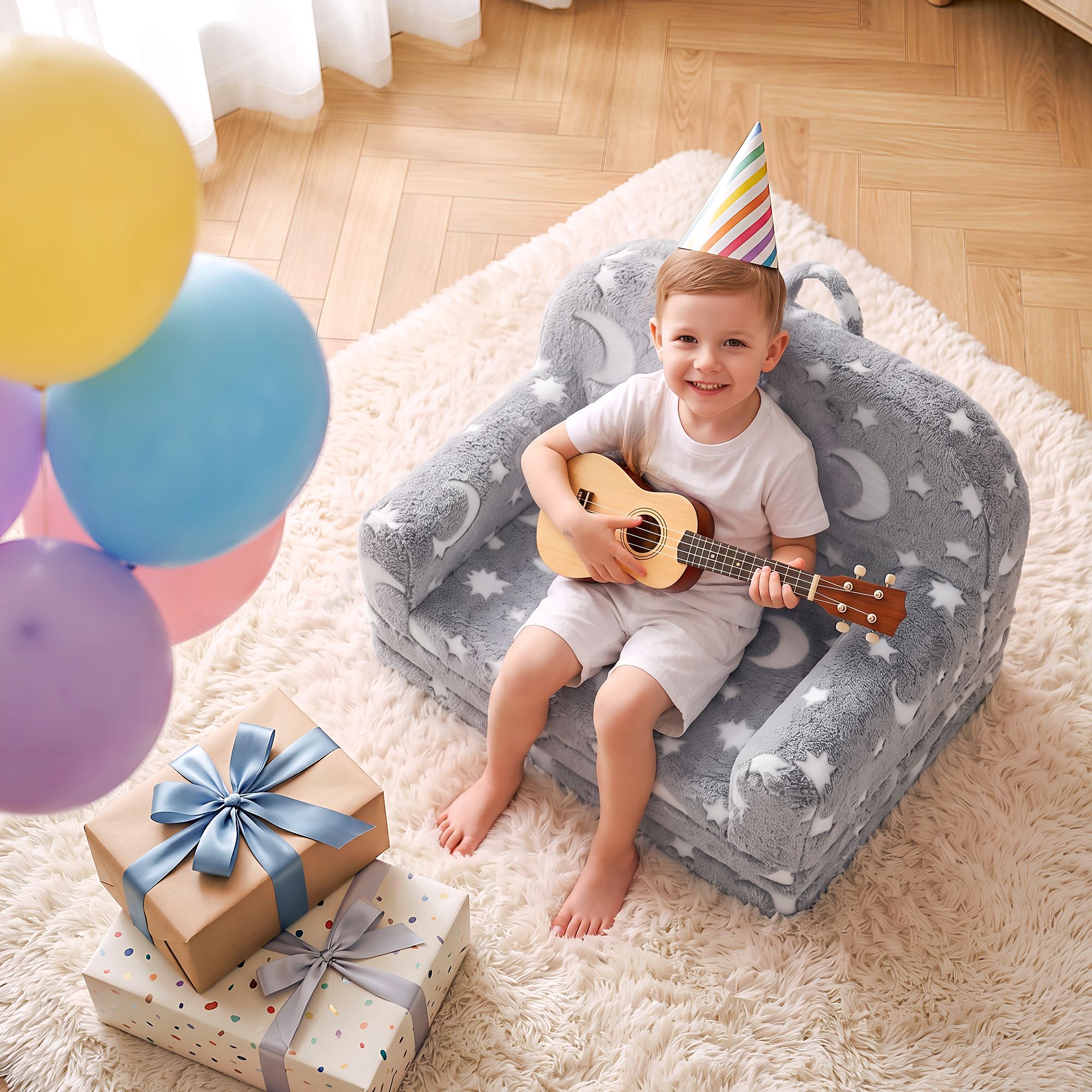 Kids 2-in-1 Fold Out Sofa Bed with Removable Washable Cover, Carry Handle, Storage Pocket, Glow in the Dark, Grey
