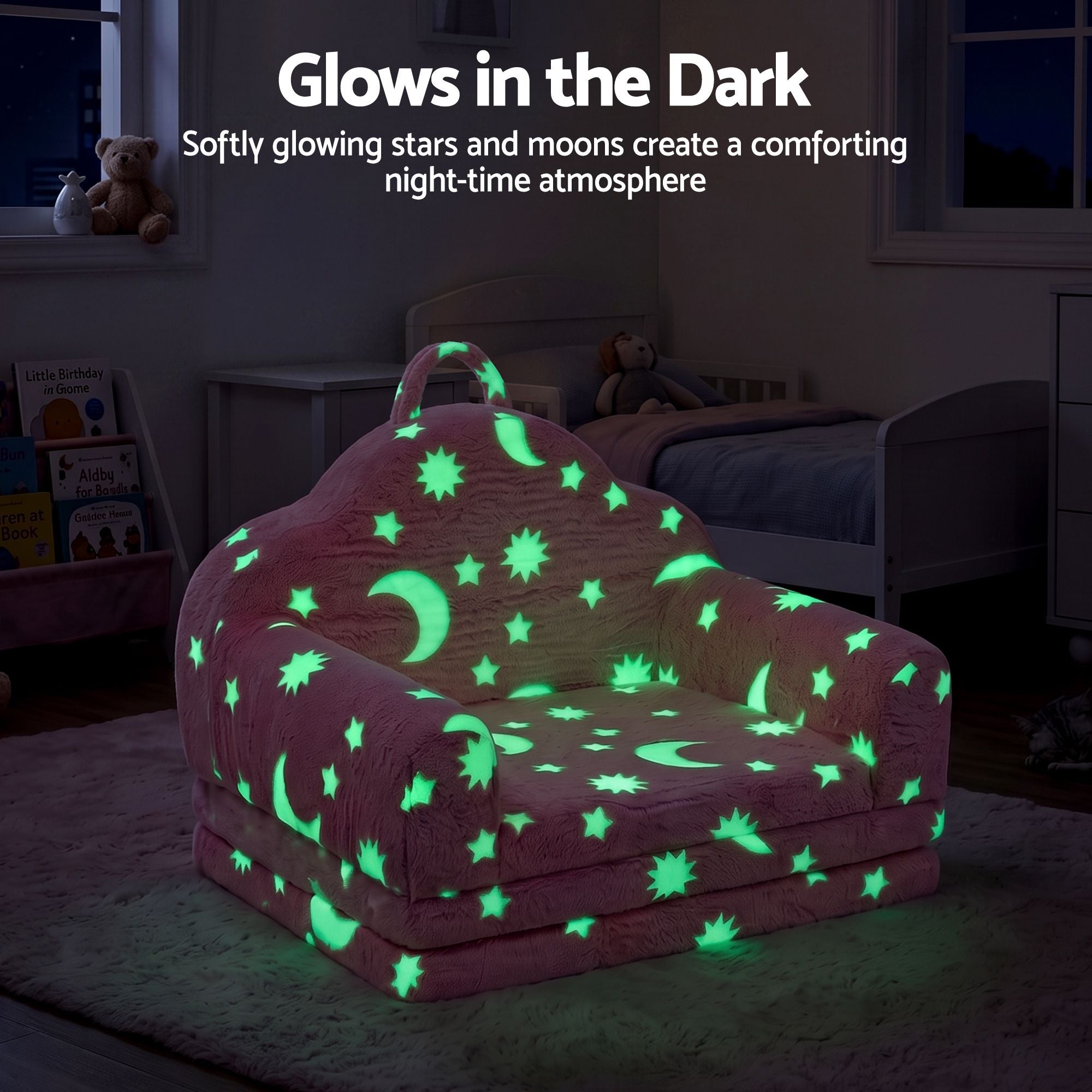 Kids 2-in-1 Fold Out Sofa Bed with Removable Washable Cover, Carry Handle, Storage Pocket, Glow in the Dark, Pink