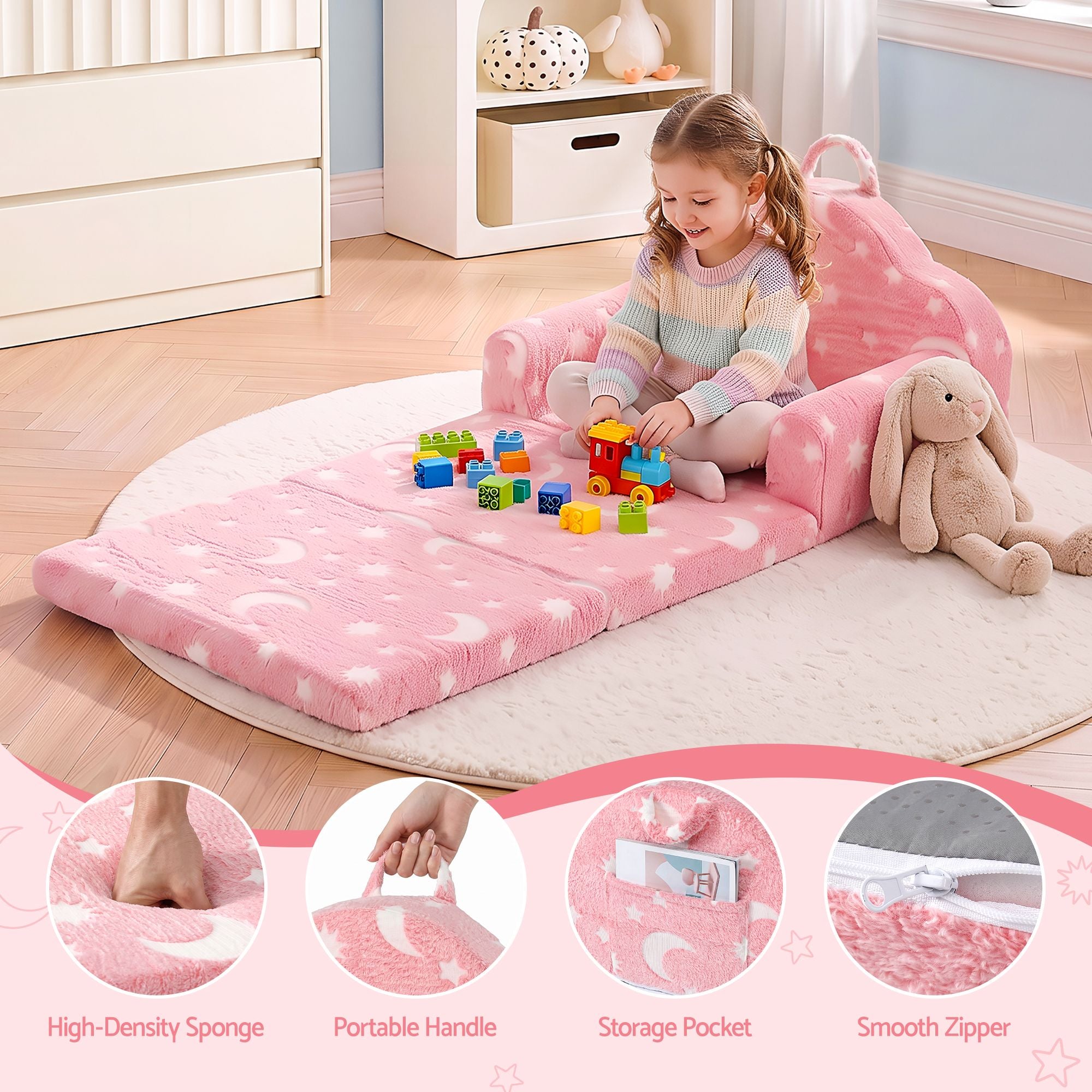 Kids 2-in-1 Fold Out Sofa Bed with Removable Washable Cover, Carry Handle, Storage Pocket, Glow in the Dark, Pink